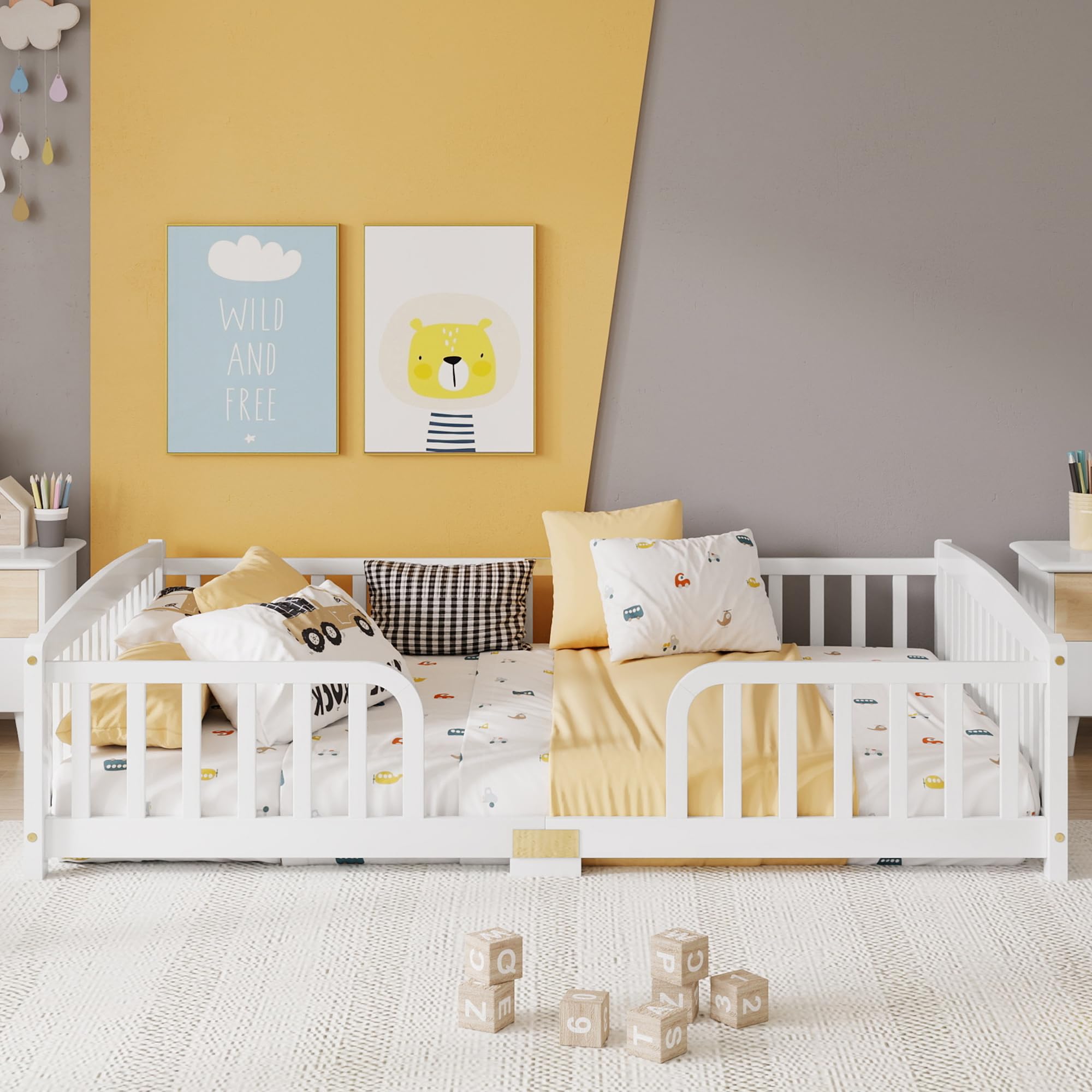Bellemave Kinderbett Bodenbett 140x200 mit Rausfallschutz, Kiefer, Weiß