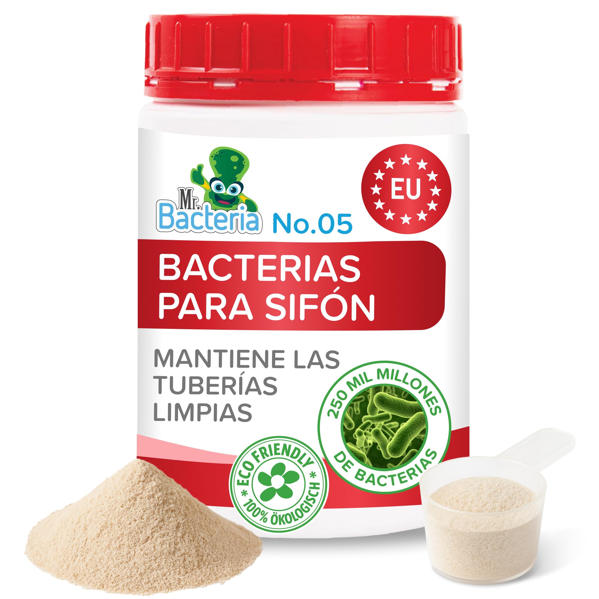 Mr. Bacteria No. 5. Limpiador de desagües y tuberías, para ducha, bañera, lavabo, sifón, sin cloro y sin olores, desatasca y Limpia Eficazmente Tuberías y Desagües Atascados 500g (1)