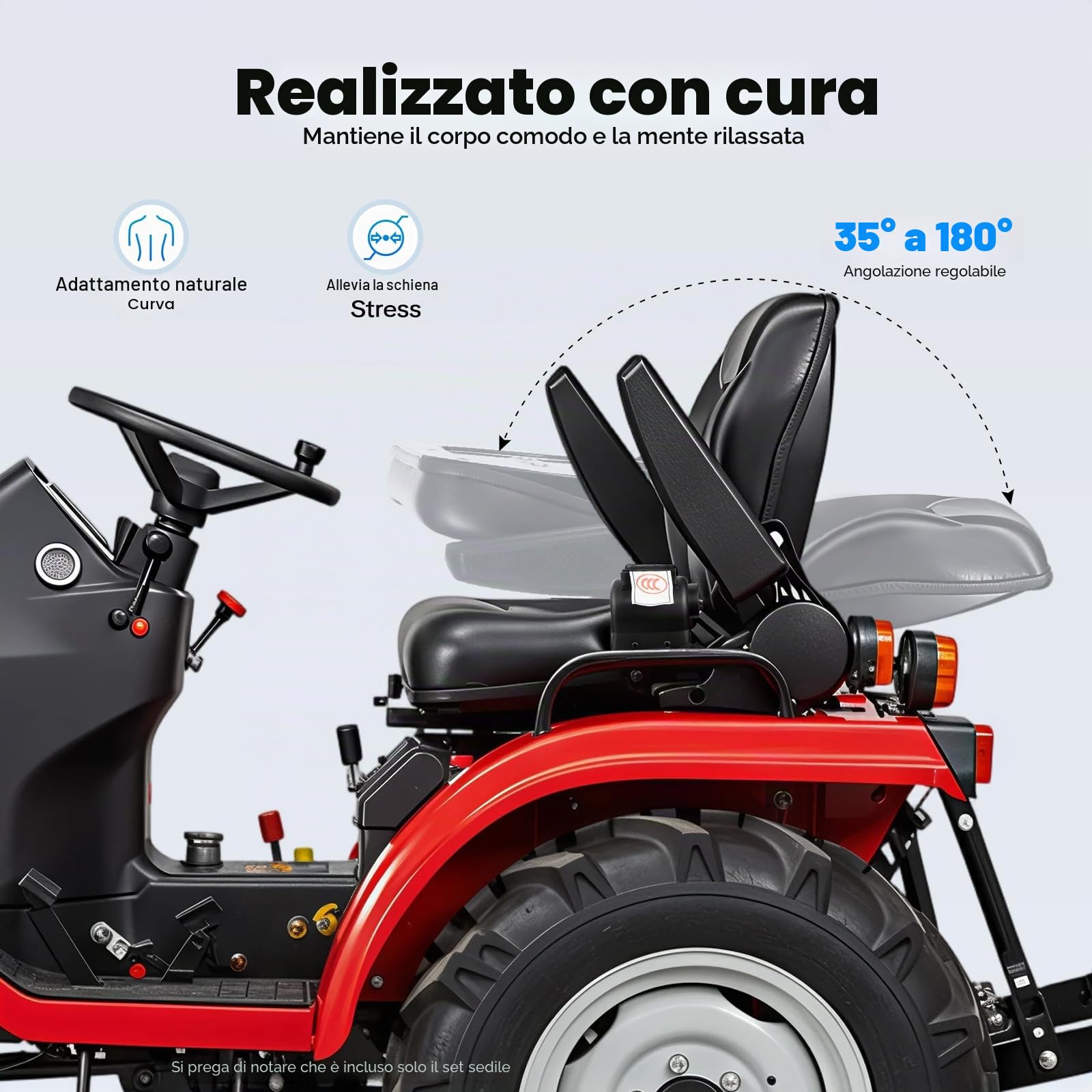 Sedile trattore universale con braccioli e cintura di sicurezza, schienale regolabile a 35 – 180°, portata 100 kg, per tosaerba, trattori, escavatori