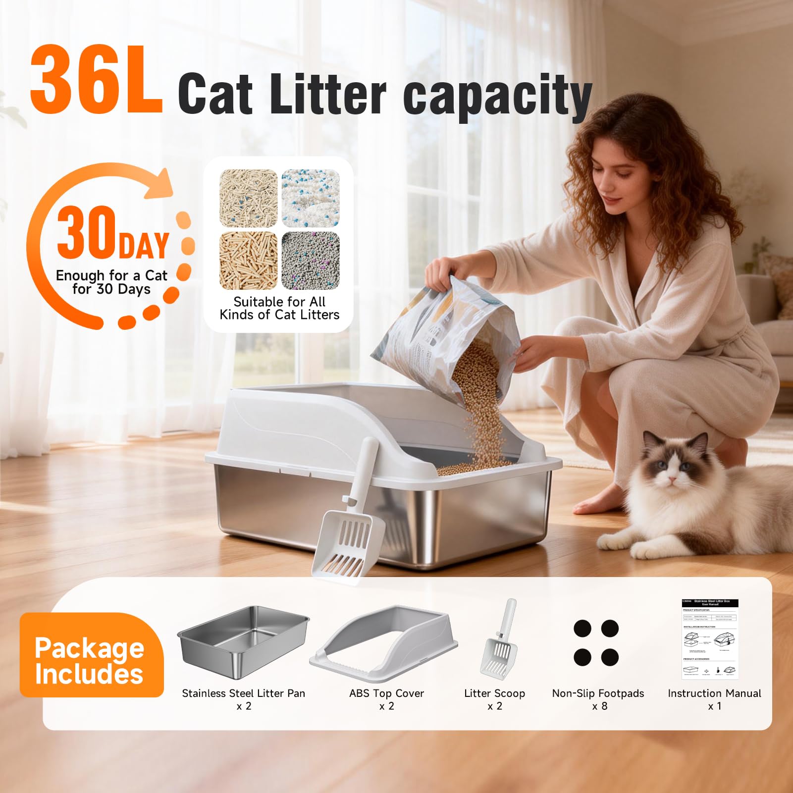 2PACK Stainless Steel Litter Box, Extra Large XL Odor Free Metal Litter Box with High Sides, Open Top Litter Pan Include Scoop Easy Cleaning Anti-Scratch Kitty Cat Box Anti-Urine Leakage, Non-Sticky - image 7