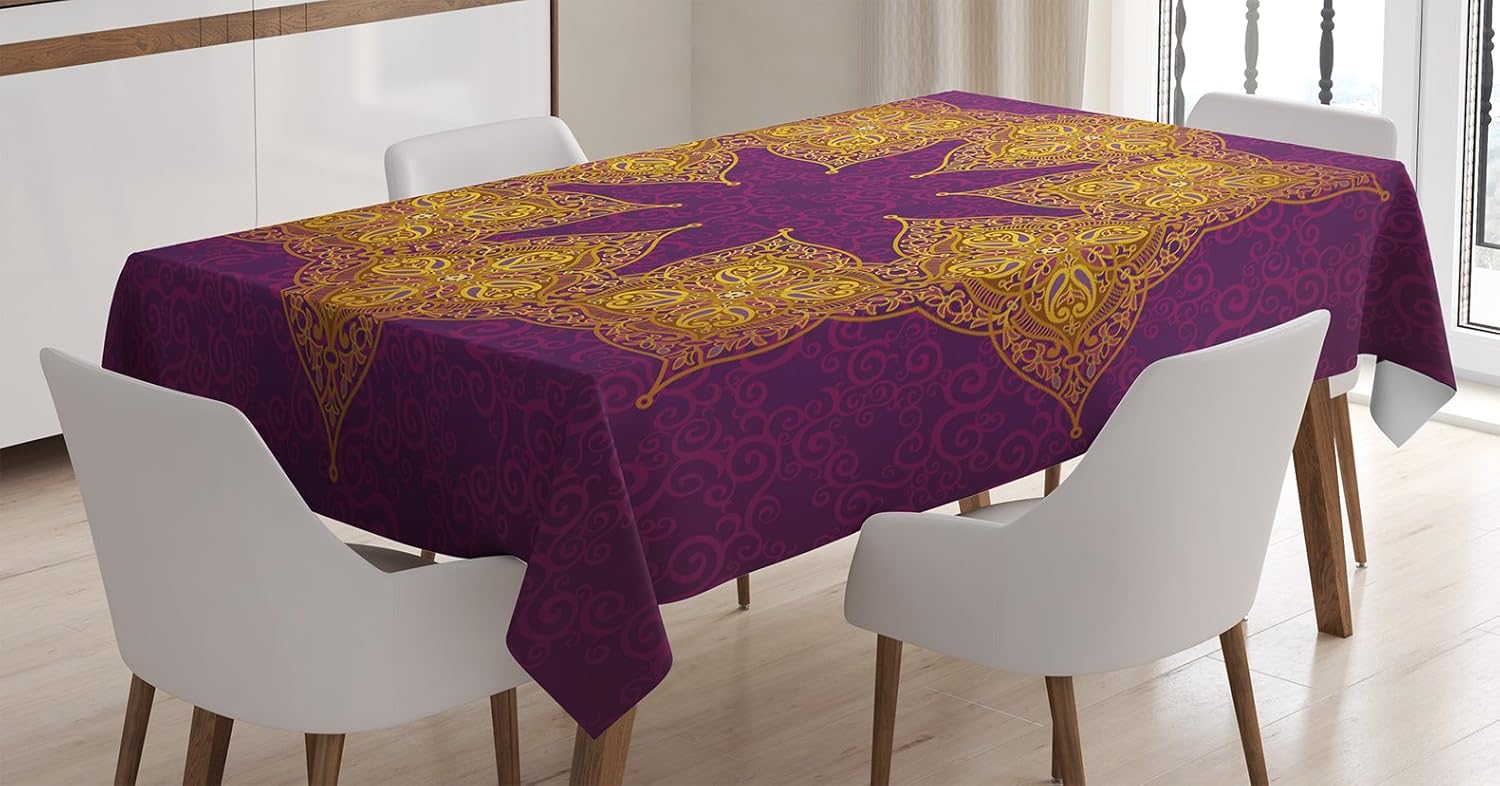 Ambesonne Purple Tablecloth, Traditional Mandala Moroccan Royal Colors Mystic Cosmos Theme Print, Rectangular Table Cover for Dining Room Kitchen Decor, 52" X 70", Violet Yellow 52" X 70" Violet Yellow