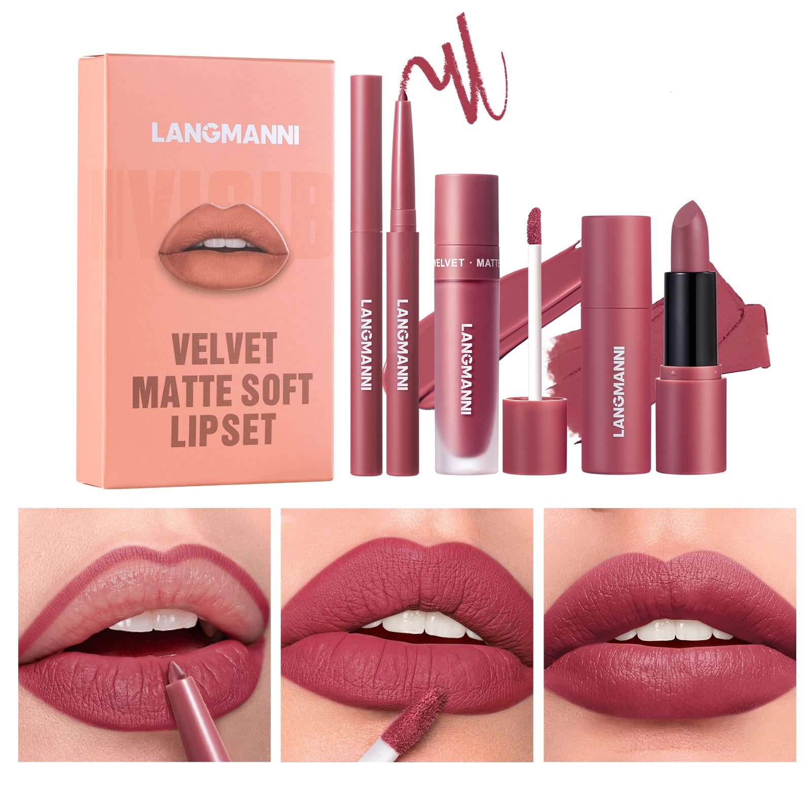 LANGMANNI 3 in 1 Matte Velvet Lipstick Set-Lip Liner,Lip Gloss and Lipstick Combo,Perfect for Natural Lip Contour,Waterproof And Longlasting Effect Lip Makeup,Unique Festival Gift (#05, Pack of 1)
