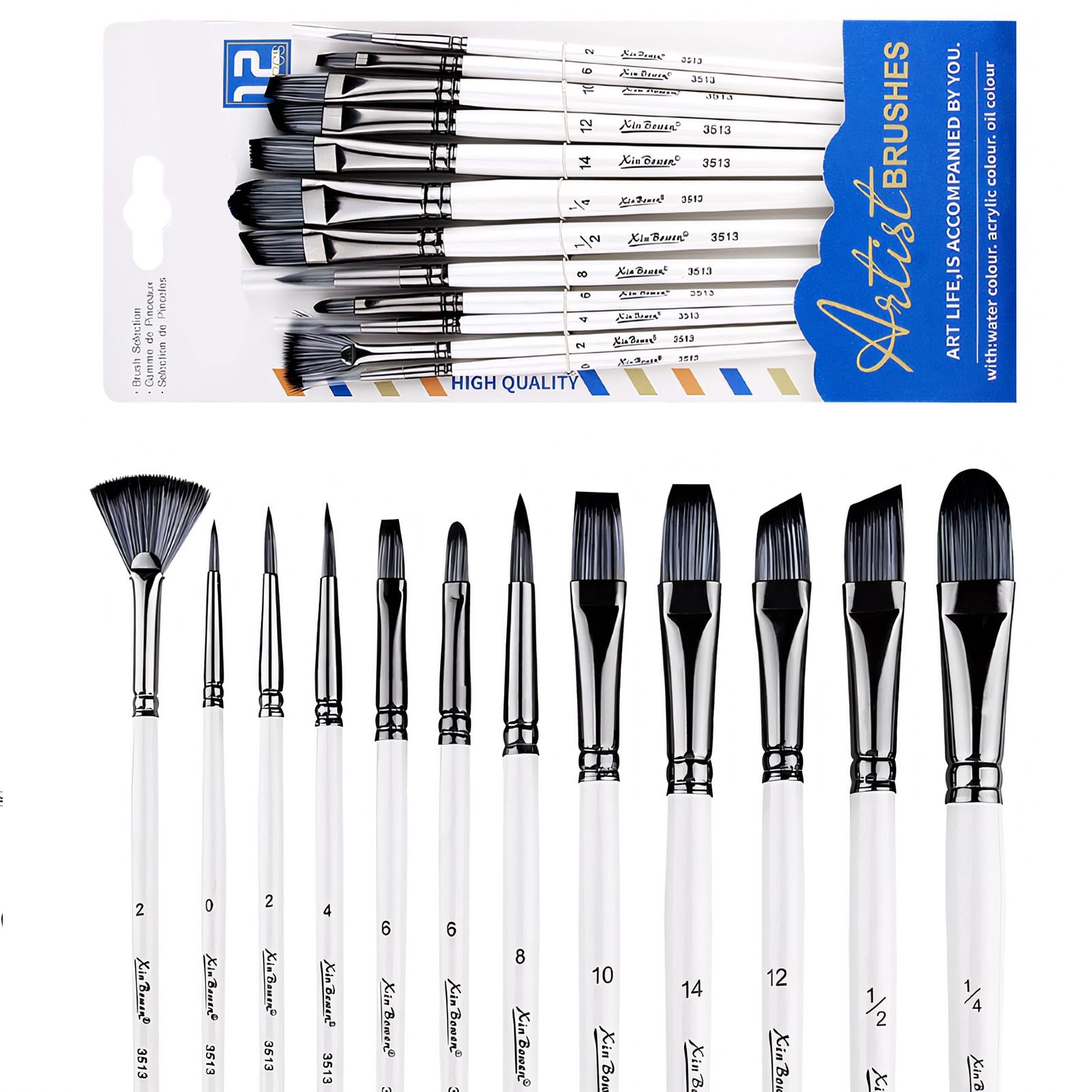 12Pcs Watercolour Brushes, Acrylic Paint Brushes Set, Premium Nylon Hair, Variety Shapes with Round Pointed, Flat, Cat's Tongue, Dagger, Ideal for Watercolour, Acrylic, Gouache, and Craft Painting