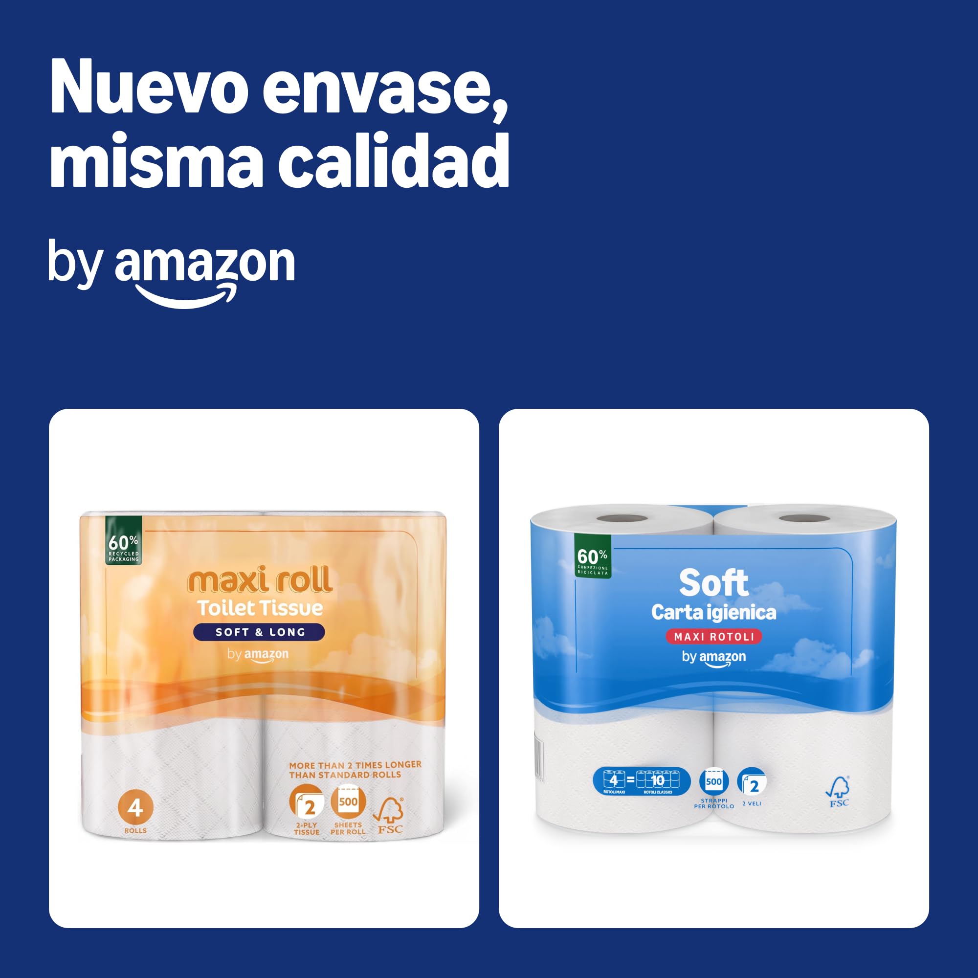 by Amazon Papel higiénico (Maxi Roll), acolchado de 2 capas, suave y delicado, 4 rollos (1 paquete de 4), 500 desgarros por rollo, certificado FSC