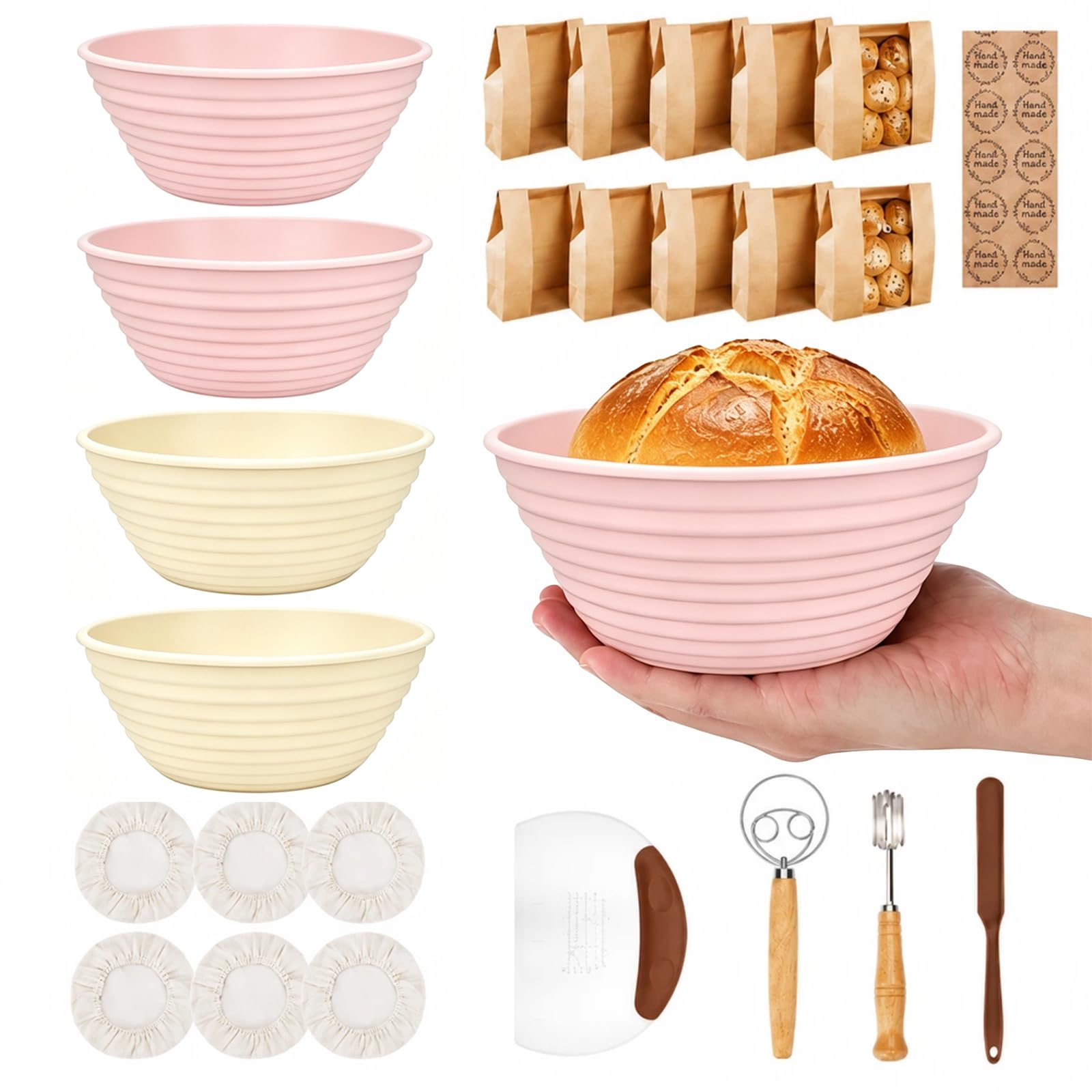 Cesta de fermentación de pan, juego de 28 cestas de silicona plegables para panaderos caseros, hoja de pan y 5 cuchillas, batidor, raspador, cepillo de silicona para principiantes