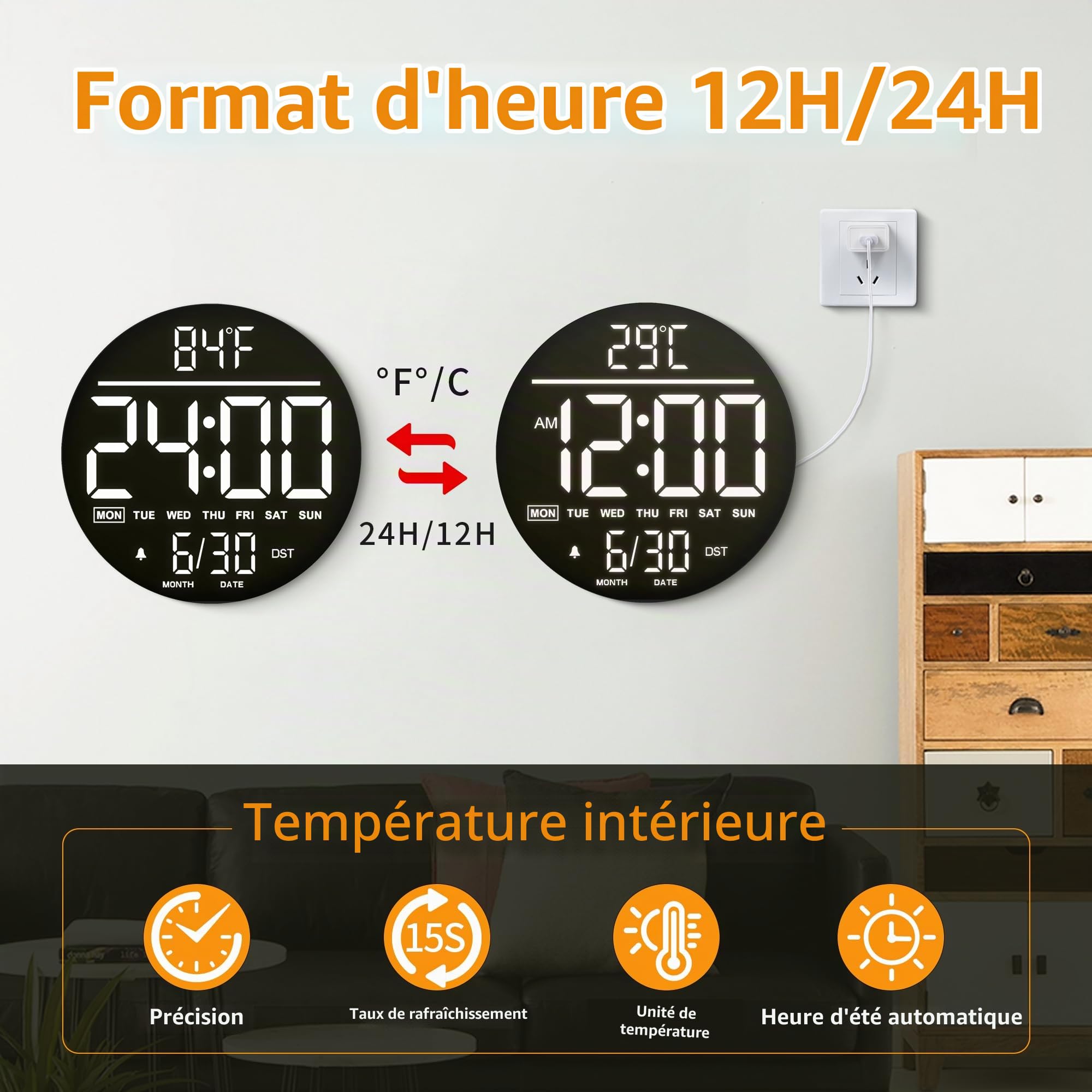 Horloge Murale Numérique 10" avec Veilleuse, Alarme, Télécommande, 11 Couleurs RGB, Luminosité Auto, Température, Date et Jour, Horloge Murale LED Électrique Moderne pour Chambre et Salon