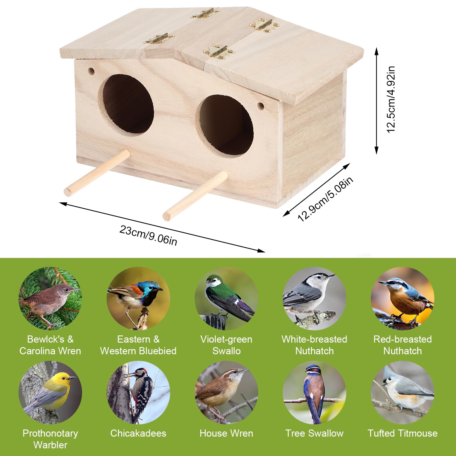 mumisuto Nichoir Oiseaux Exterieur en Bois, Nid Oiseau avec 2 Trous Entrée, Décoration de La Cour de Jardin, Cabane idéal pour Les Espèces Tel Que Les Mésanges