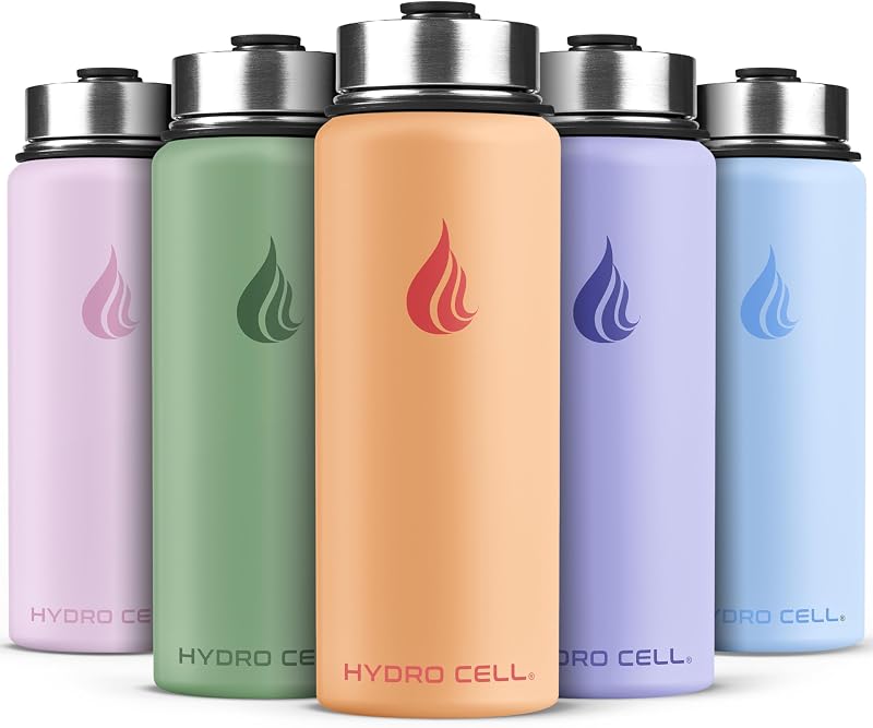 HYDRO CELL Botella de agua aislada de acero inoxidable con pajita - Para bebidas frías y calientes - Termo de metal con tapón de rosca y termo deportivo moderno a prueba de fugas para adultos (melocotón 18 oz)