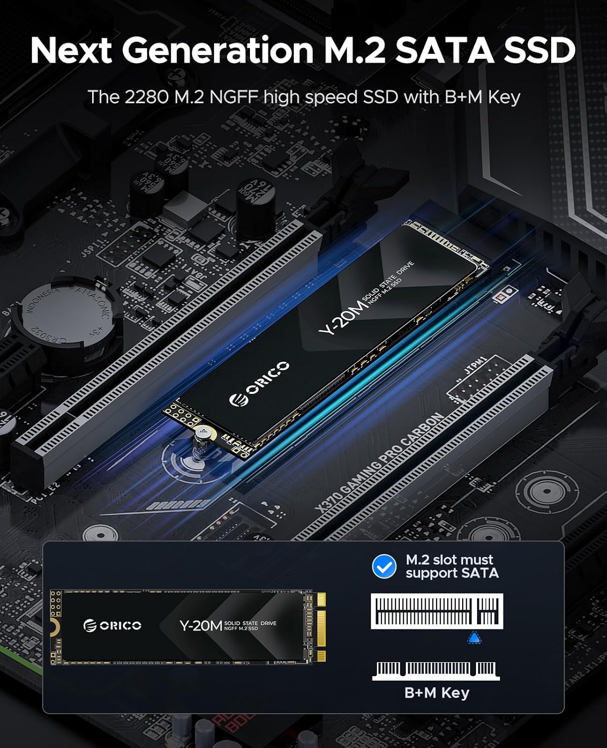 ORICO 1TB SSD, 3D NAND M.2 2280 SATA SSD, 1TB M.2 SSD with B+M Key for Desktop/Laptop, SATA III 6Gbps NGFF Solid State Drive SLC Cache Low Power Consumption with 3-Year After Sale Service - Y20M