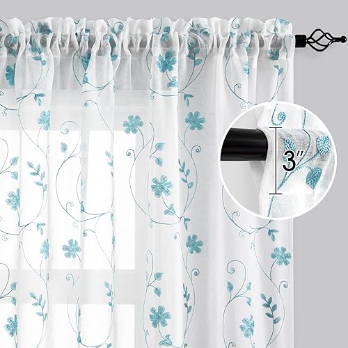 Miniatura 6 de HOMEIDEAS - Cortinas traslúcidas blancas y azules bordadas con flores, 2 paneles con patrón floral semitransparentes para ventana de dormitorio,
