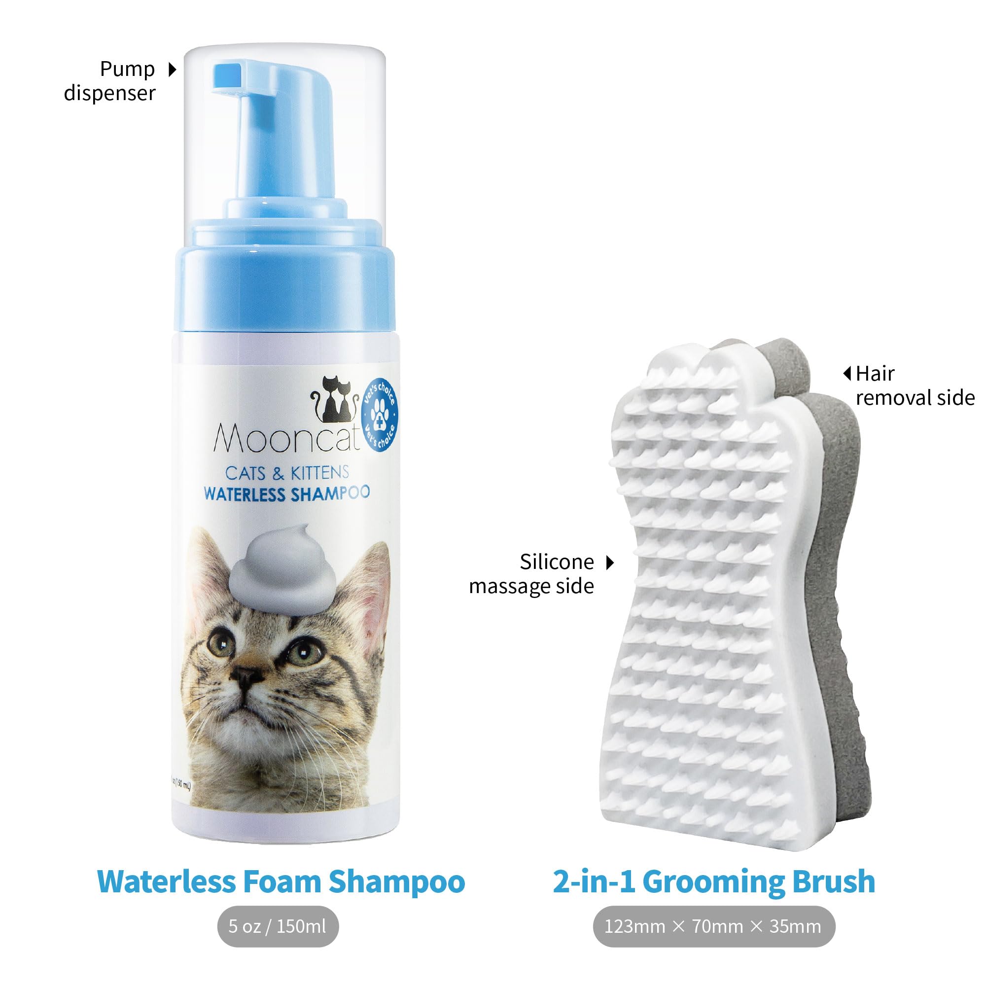 Mooncat Juego de baño para gatos, champú seco y cepillo de baño (juego de baño para gatos)