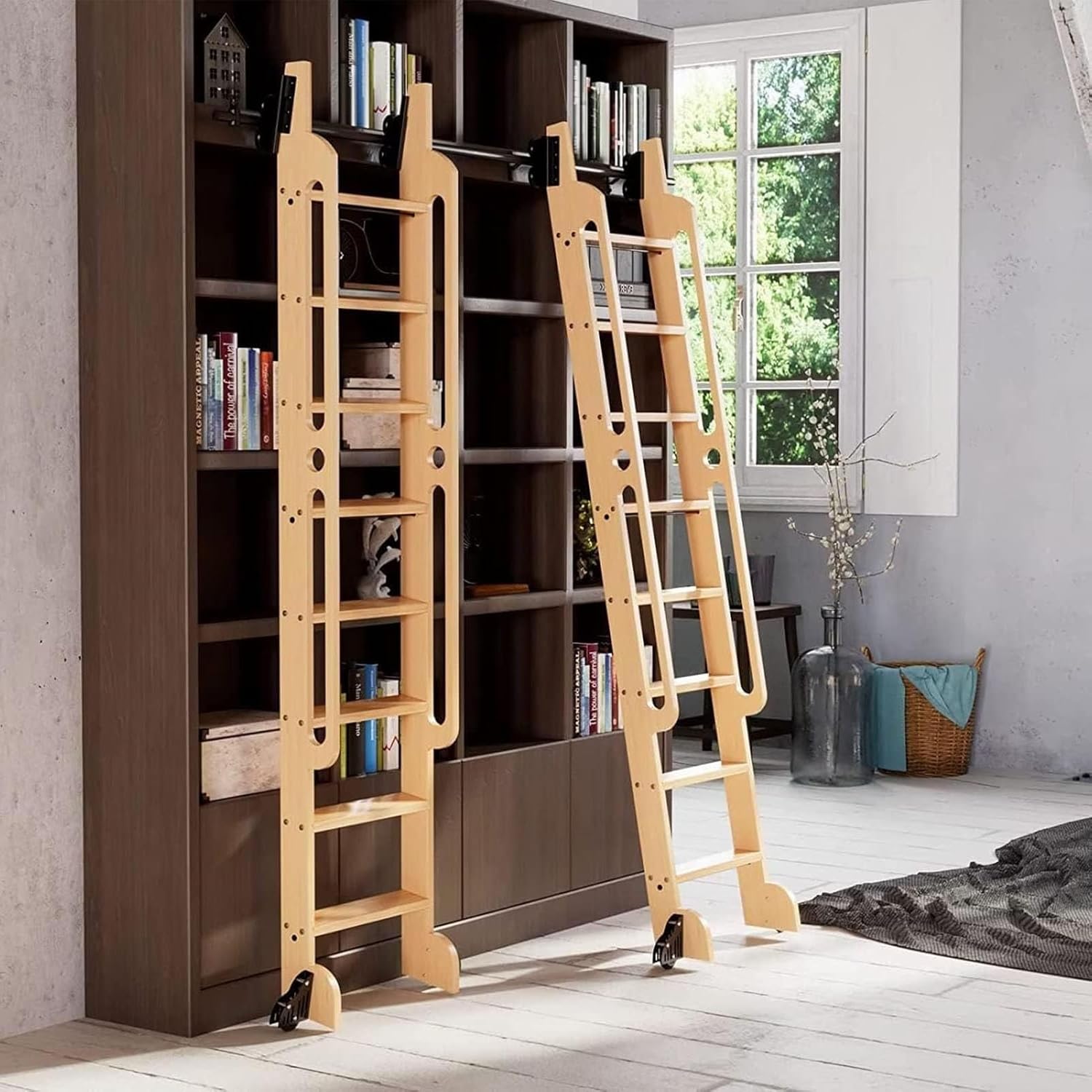 3.3ft-26.2ft Retractable Rolling Library Ladder Track Bracket, Pulley Type Horizontal Wall Mount Sliding Library Ladder Hardware Kit System W/Library Ladder, Brake Bottom,9.8ft/300cm Track Kit