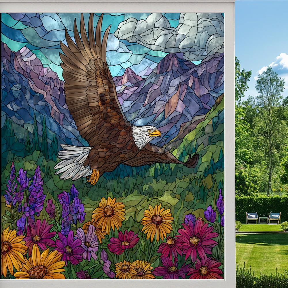 Colorful Eagle Stained Glass Window Film, Mountain Forest Bird Nature Peel and Stick Privacy Film, Frosted Adhesive Vinyl Decorative for Bathroom Windows Glass Doors, （45x100cm）