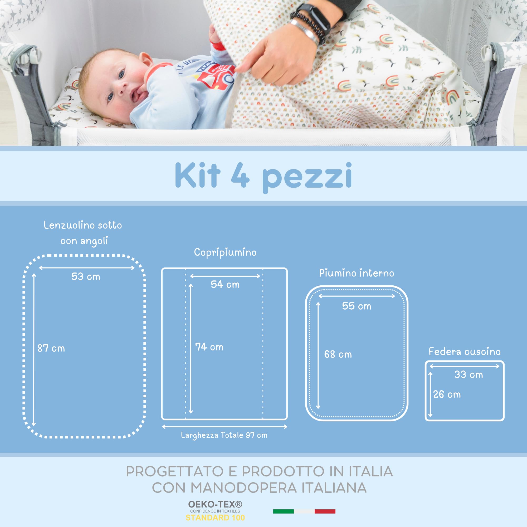 baby idea Babysanity Lenzuola Next To Me Compatibili 4 pezzi: Federa Cuscino, Piumino, Copripiumino, Lenzuolo Angoli per Culla Lettino Neonato - Chicco Kinderkraft Cam Brevi OEKO-TEX (Orsetto Beige)
