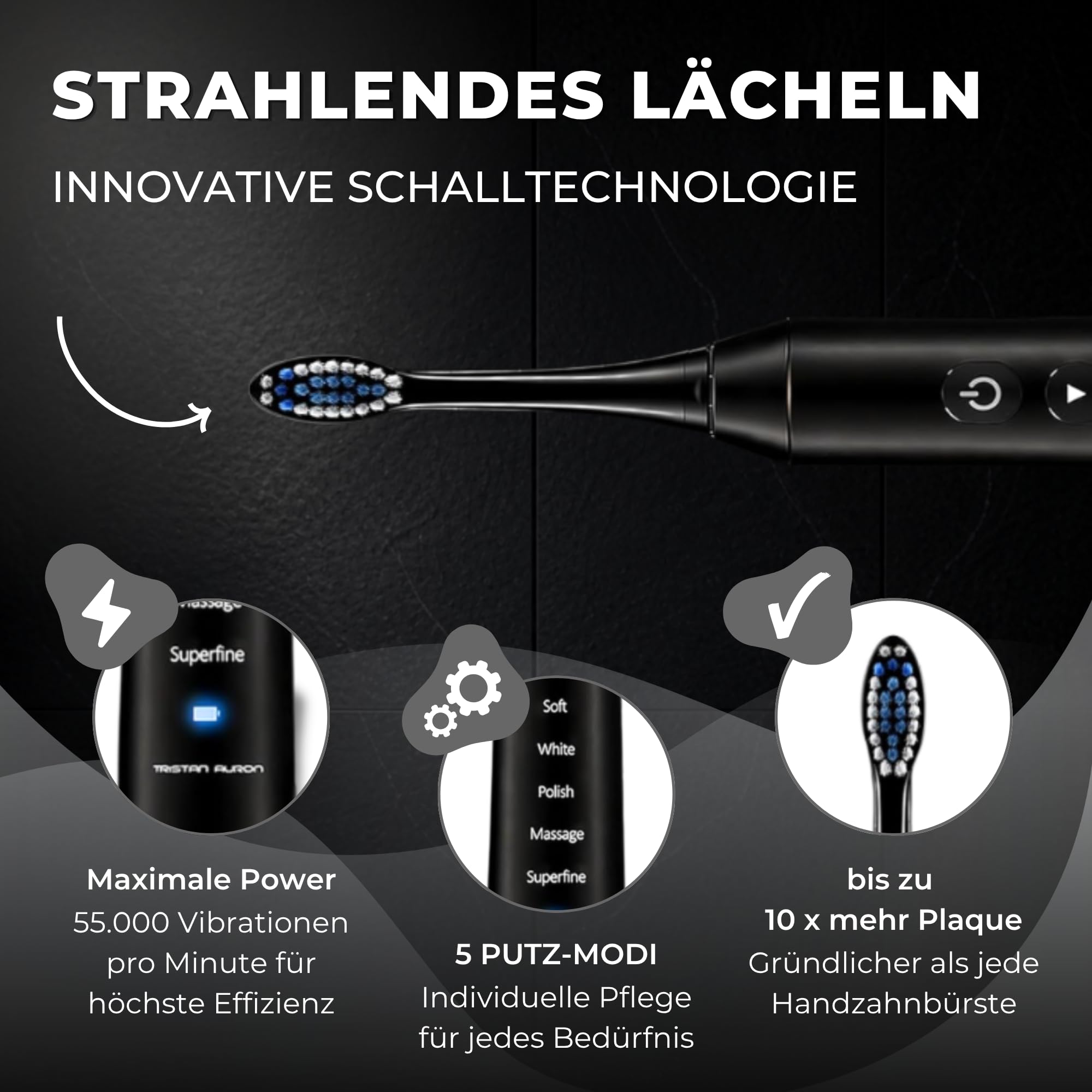 Elektrische Schallzahnbürste 55000 Schwingungen, risikofrei 100 Tage testen | Tristan Auron Business Class Doppelpack (blau/schwarz), Beste Reisezahnbürste, 60 Tage Akku, IPX7, 5 Putzmodi, 4 Bürstenköpfe