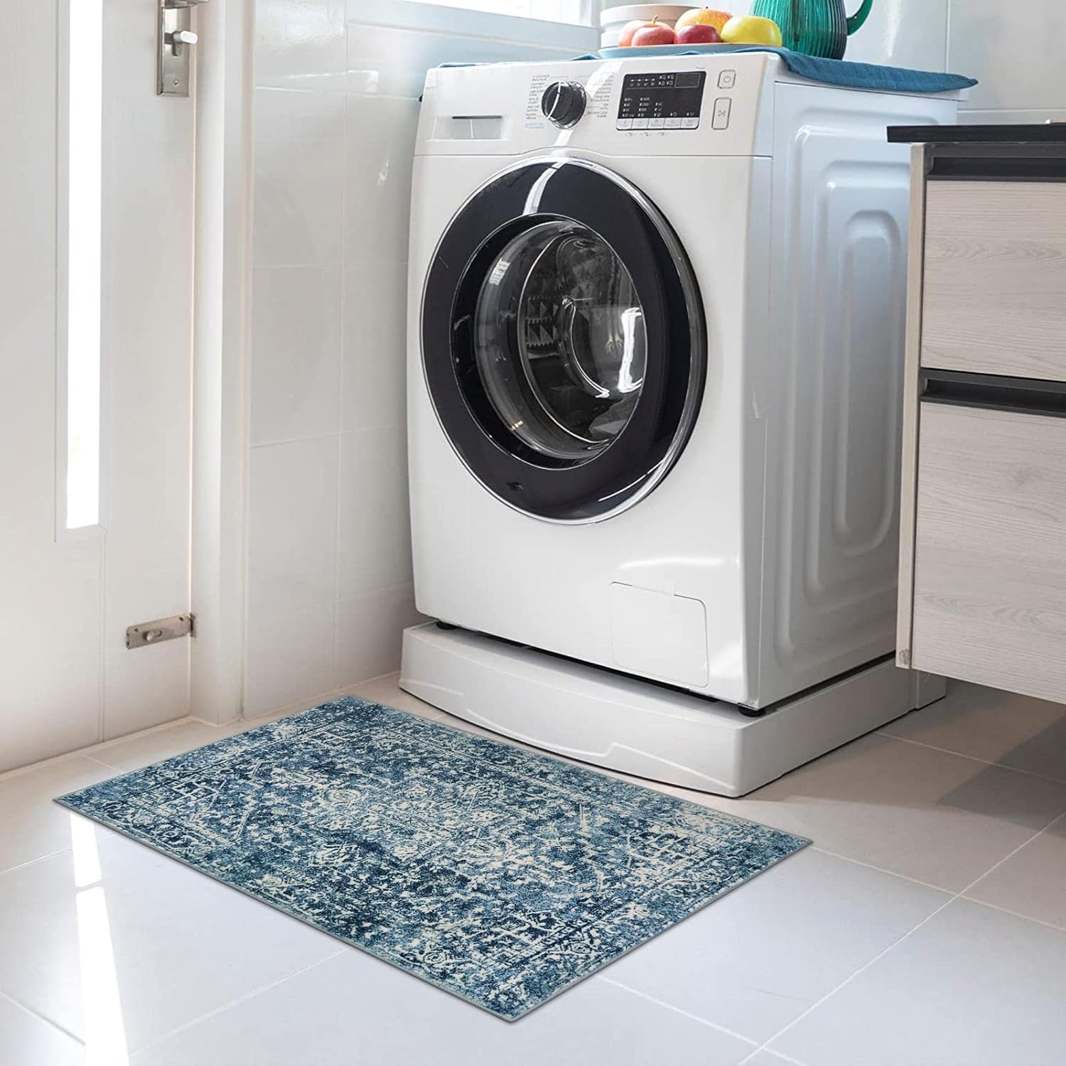 Morebes Boho 2x3 Blue Bathroom Rugs, Washable Small Indoor Door Mat Vintage Medallion Kitchen Rug Non-Slip, Soft Non-Shedding Throw Carpet for Bedroom Entrance Bath