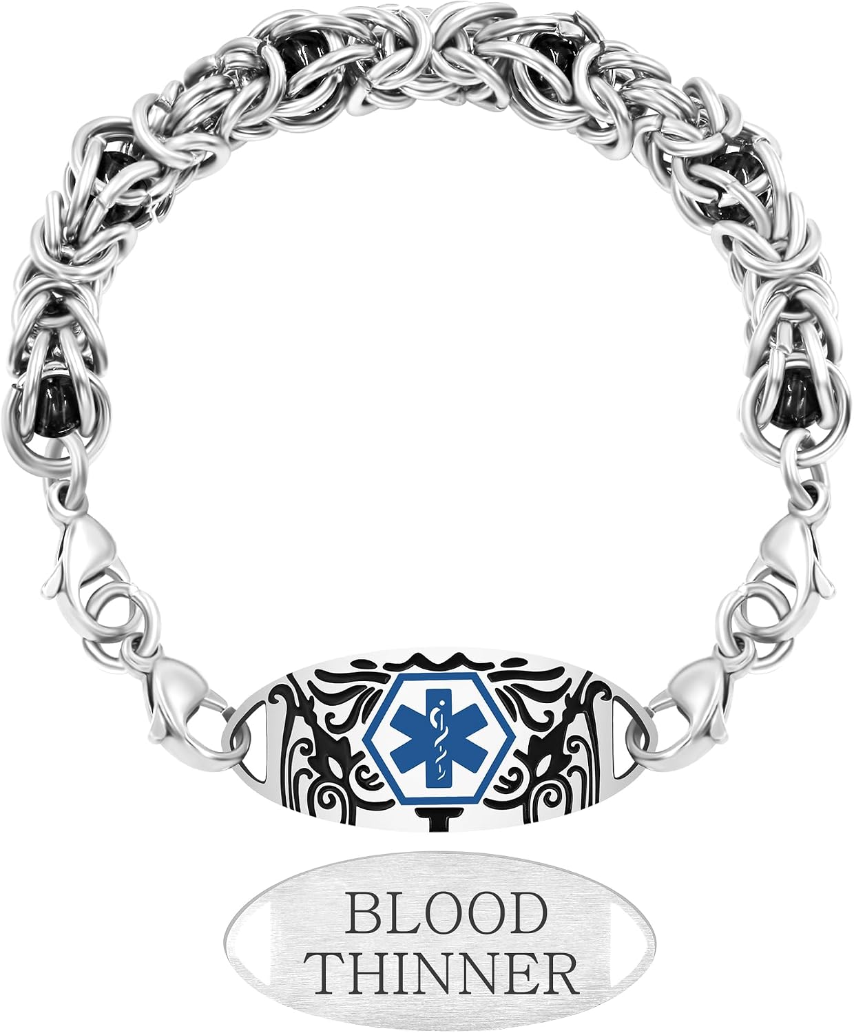 Unisex Medical Alert Bracelet – Customizable Stainless Steel ID with Star of Life, Laser Engraved Emergency Tag, Durable, Comfortable, Colorful Beaded Chain for Daily Wear