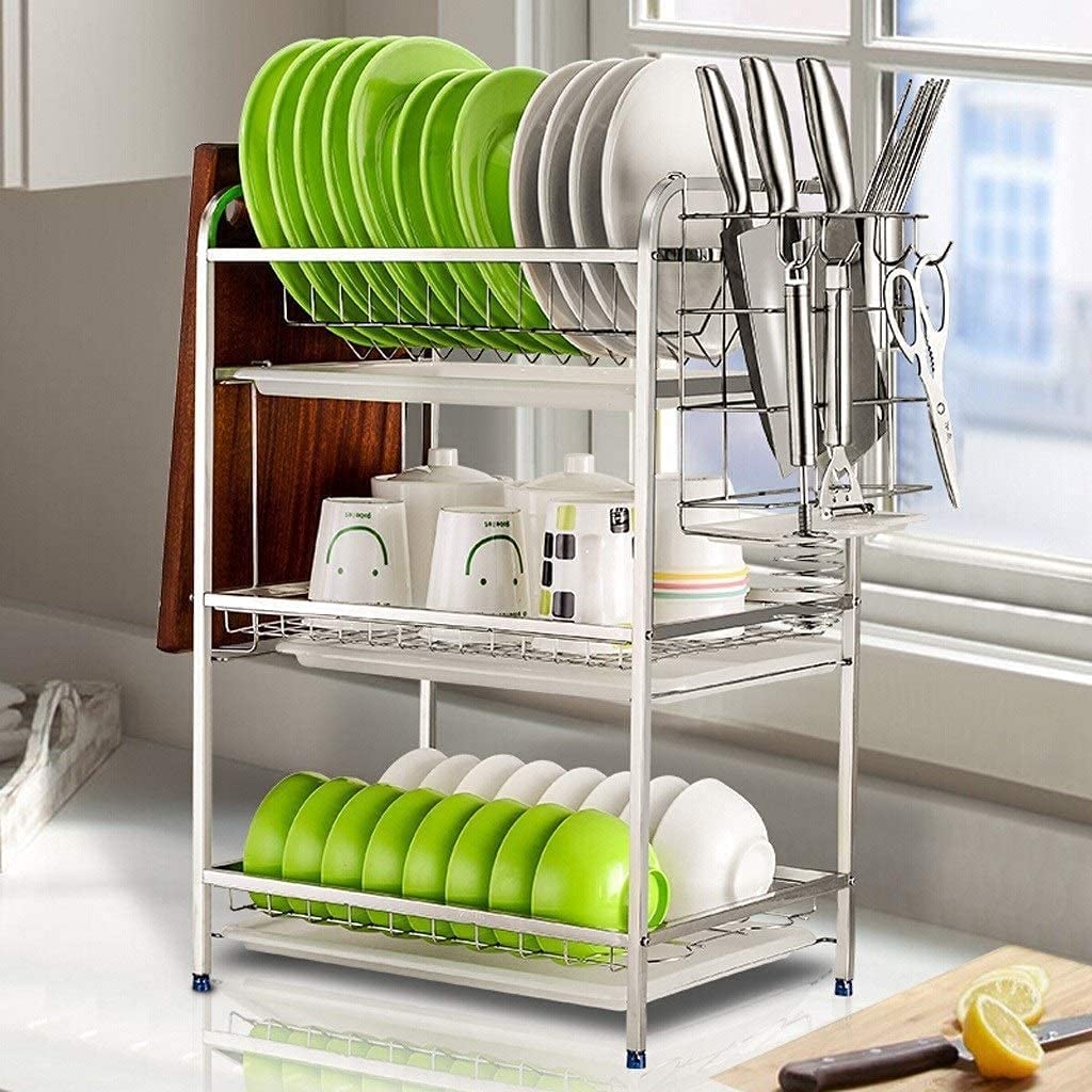 Escurreplatos Estante para Platos De 3 Niveles, para Secar, Acero Inoxidable 304 con Bandeja Drenaje, Soporte para Utensilios, Tabla Cortar, para Organización Cocina