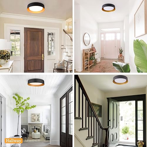 Miniatura 7 de Bargeni Lámpara de techo LED de 16.5 pulgadas, lámpara de techo regulable de montaje empotrado, color negro mate con dorado en el interior, 3000