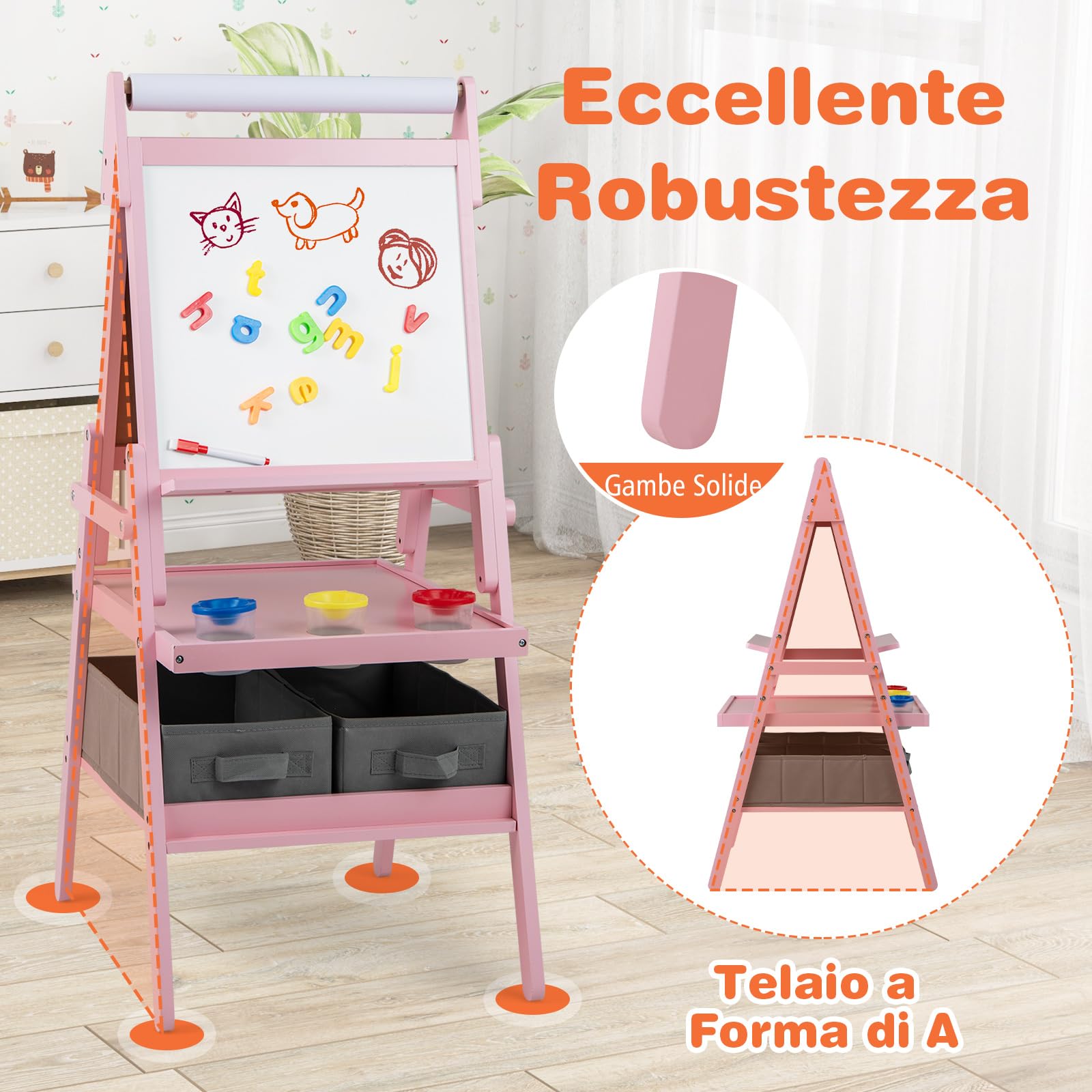 RELAX4LIFE 3 in 1 Lavagna per Bambini, Cavalletto con Doppia Faccia Magnetica e Lavagna Bianca, Rotolo di Carta, Scaffale Doppio e 2 Cesto in Tessuto Pieghevole, 3 Tazze, Legno per 3+Anni (Rosa)