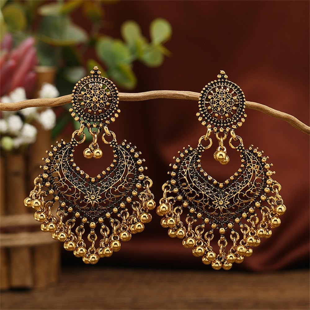 Boho Ball Tassel Statement Dangle Earrings for Women Girls Vintage Flower Heart Shaped Beaded Chandelier Drop Dangling Earring Indian Bollywood Jewelry Gifts for Jhumka Festival Holiday Christmas - Image 4