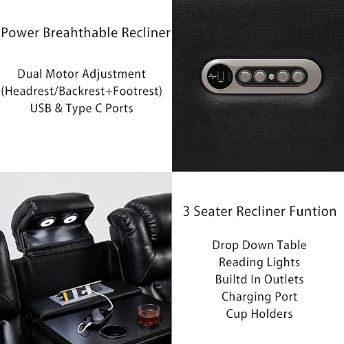 Miniatura 5 de THSUPER Sofá reclinable de cuero transpirable con luz LED, asiento de cine en casa con reposacabezas ajustable, luz de lectura, puerto USB, brazo de