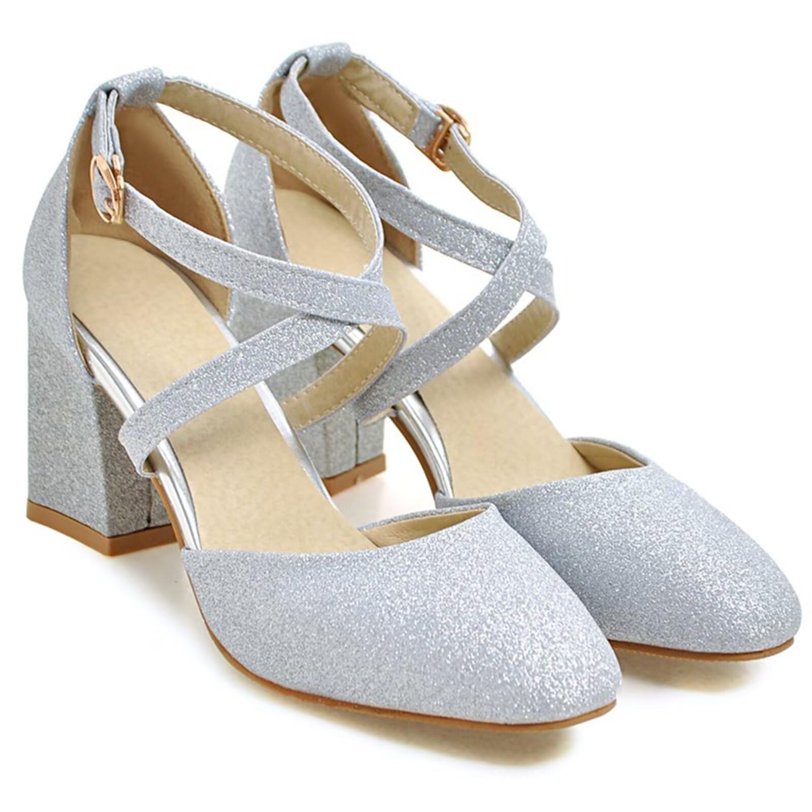 Damen Glitzer Pumps mit Knöchelriemen und 7cm Blockabsatz High Heels Riemchen Schuhe