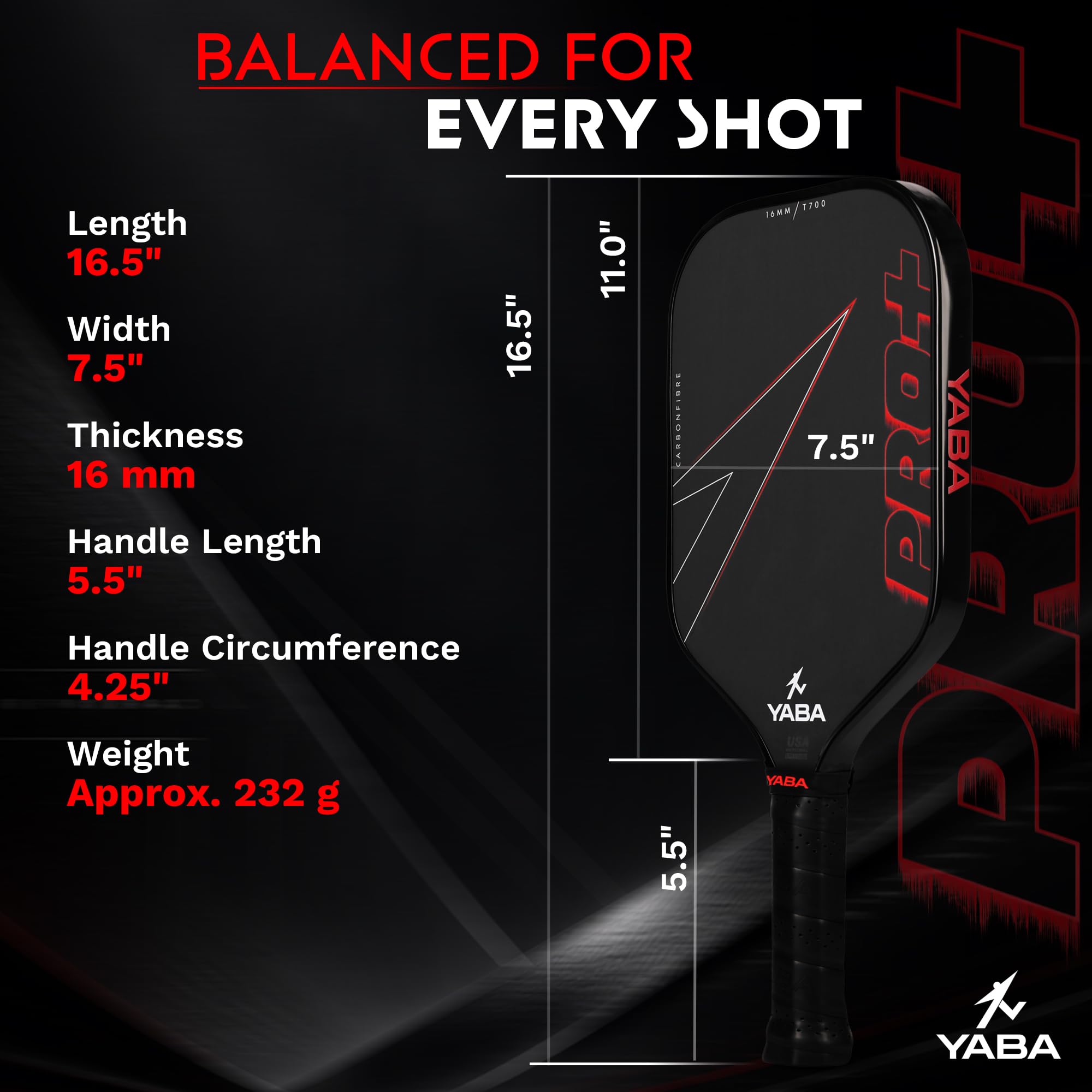 YABA Pro+ Gen4 Pickleball Paddle | USAP Approved | Toray T700 Raw Carbon Fiber Surface | Thermoformed Construction | 16mm Thick Core | Textured Spin Paddle | Professional Pickleball Racquet (Black) 3