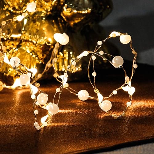 Miniatura 4 de Impress Life Guirnalda de luces de perlas de océano, tejido hecho a mano, alambre de cobre de perlas sintéticas marfil, 10 pies con control remoto