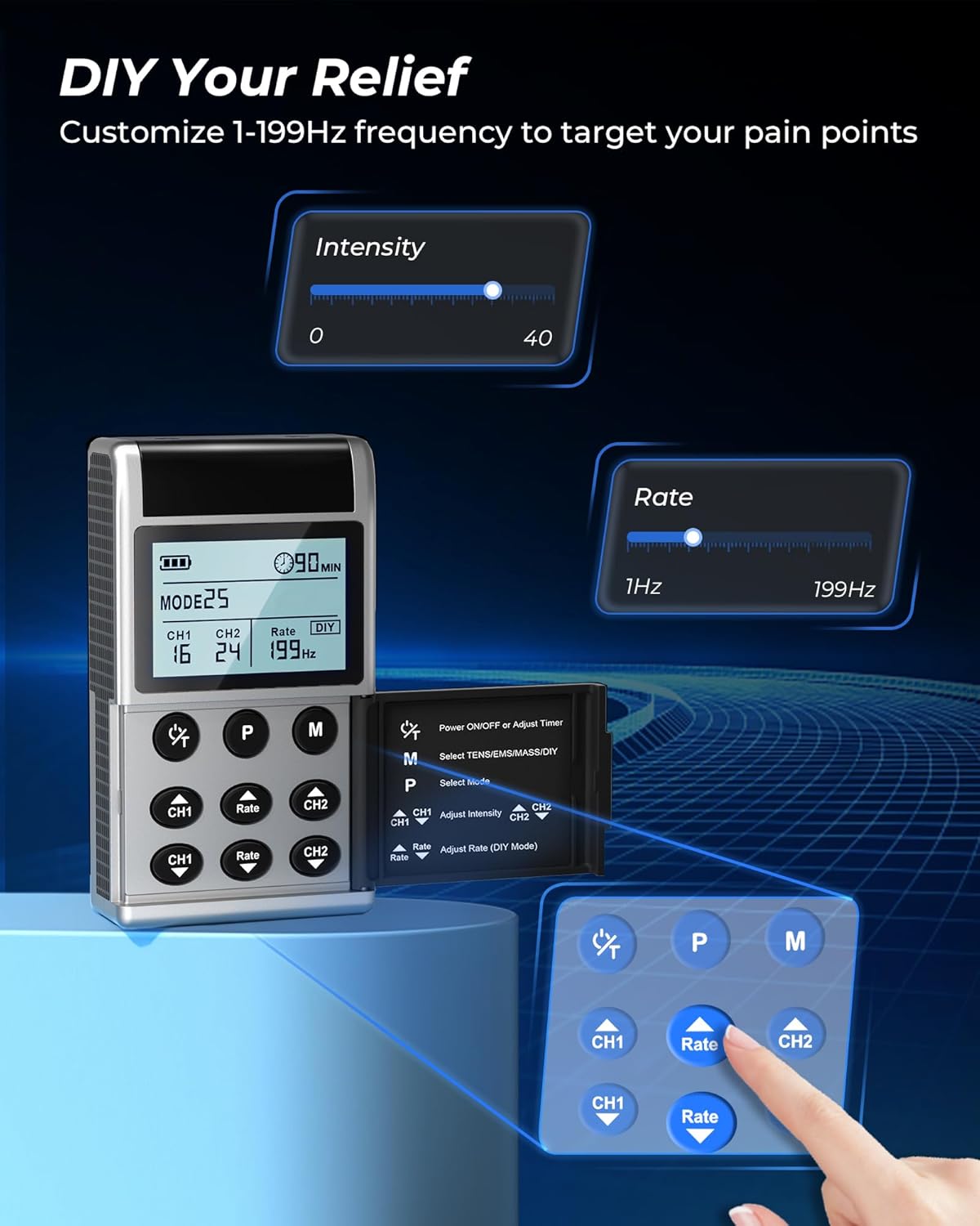 KingPavonini 4-IN-1 TENS Unit Muscle Stimulator, DIY & TENS & EMS & MASS, Dual-Channel 40 Intensities TENS Machine, Muscle Stimulator for Pain Relief Therapy Sciatica Back Pain, 12 Pads (Model: B2501) - Image 3