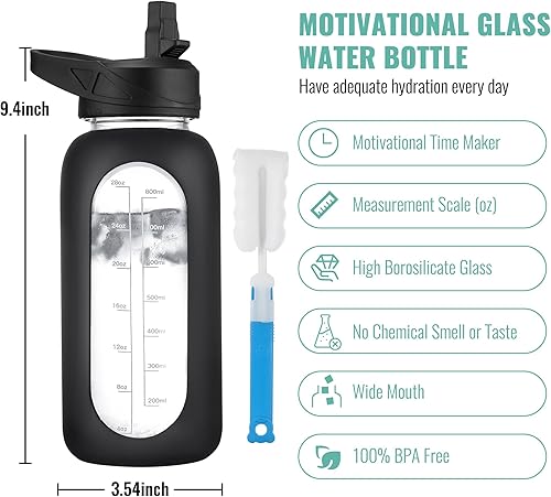 Miniatura 2 de CIVAGO Botella de agua de vidrio de 32 onzas con popote y asa, botella de agua motivacional deportiva grande con marcador de tiempo y 2 tapas, jarra