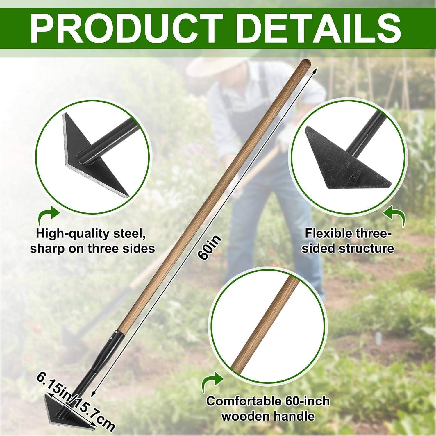 6 Inch Wide Triangle Hoe with 60 Inch Long Wood Handle Scuffle Hoe with Triangle Head Gardening Tool Steel for Quickly Weeding and Cultivating