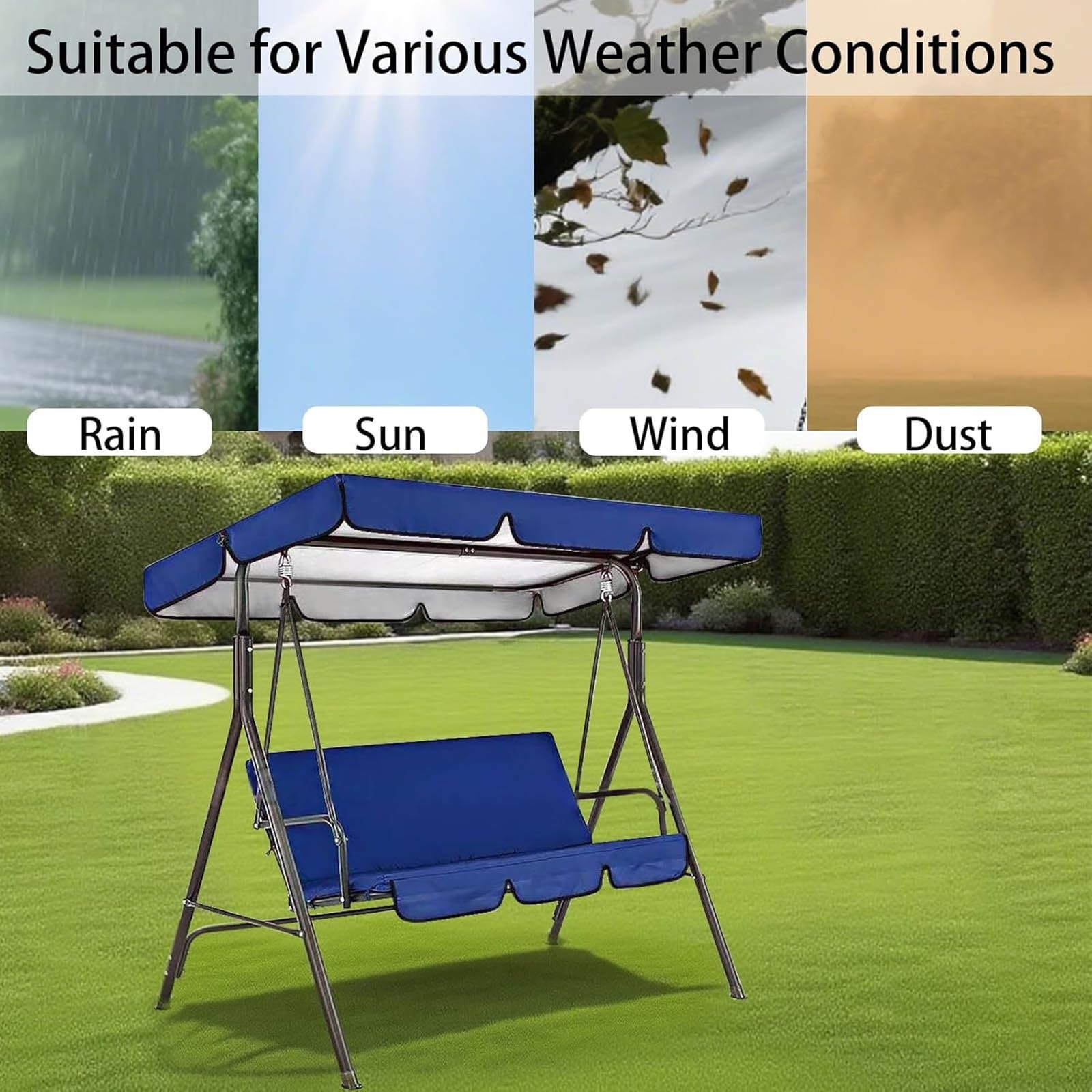 Copertura di ricambio per dondolo da patio, impermeabile, protezione dai raggi UV, copertura superiore per dondolo da giardino, patio, veranda, 3 posti, tenda anti-UV (blu, 190 x 120 cm)