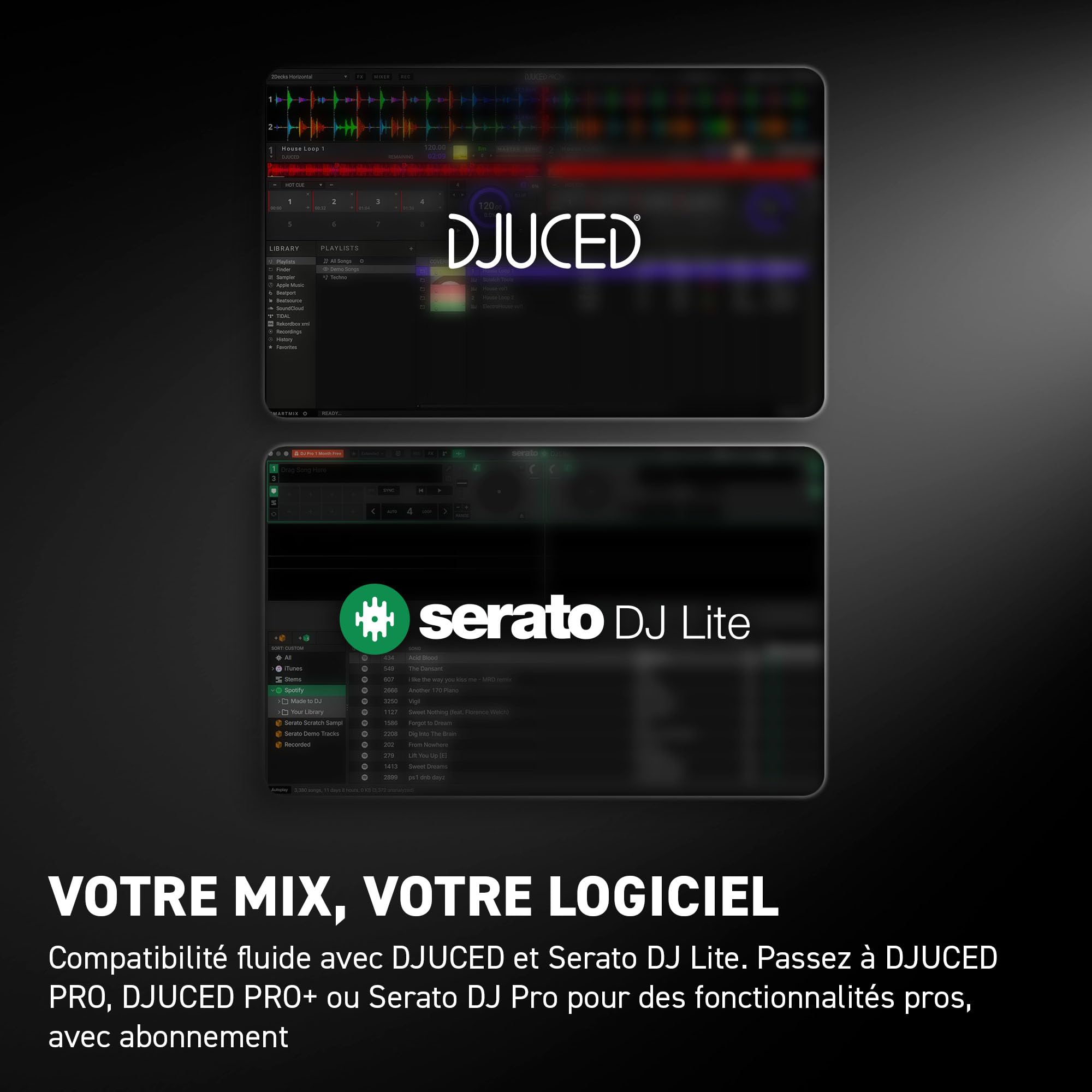 Hercules DJControl Inpulse 500 – Contrôleur DJ USB Professionnel – Serato DJ Lite & DJUCED Inclus – Pieds Rétractables & Plateau Métal – Guide de Mix Lumineux – Entrées Micro & Auxiliaire – Noir