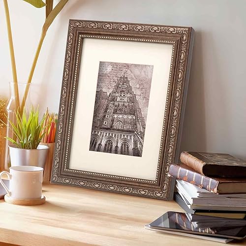 Miniatura 3 de Marco de fotos clásico de bronce vintage de 8 x 10 pulgadas con detalles ornamentados de desplazamiento plateado, mate para fotos de 5 x 7 pulgadas,