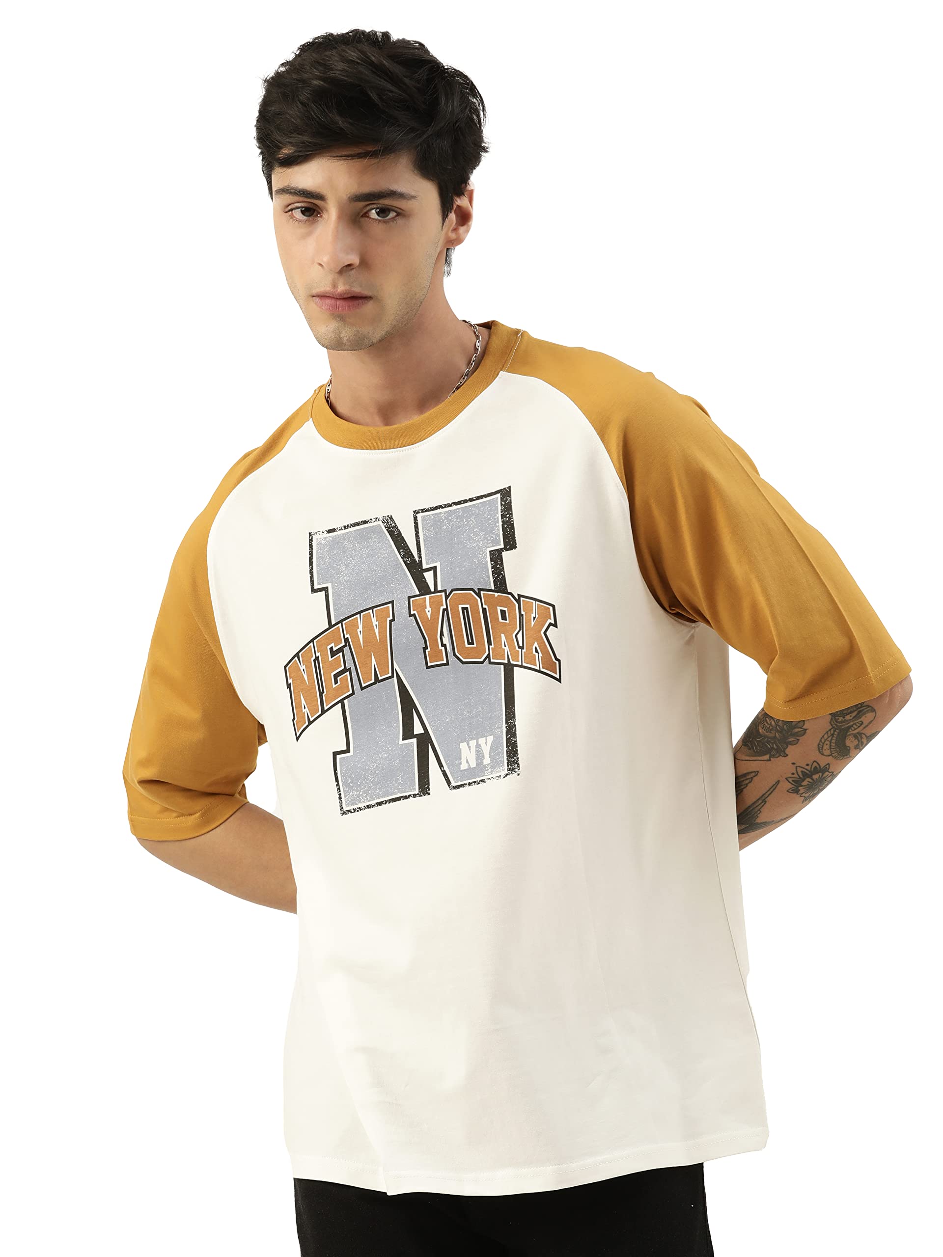 ManiacMens Printed Round Neck Raglan Half Sleeve Cotton Oversized Tshirt