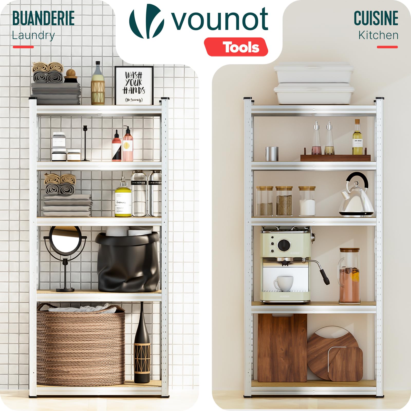 vounot® Lot de 2 Étagère de Rangement 70x30x150cm en Acier Galvanisé à 5 Niveaux Etagère Charge Lourde Tablette Ajustable Charge Max 875kg Idéal pour Rangement de Garage Atelier Cuisine