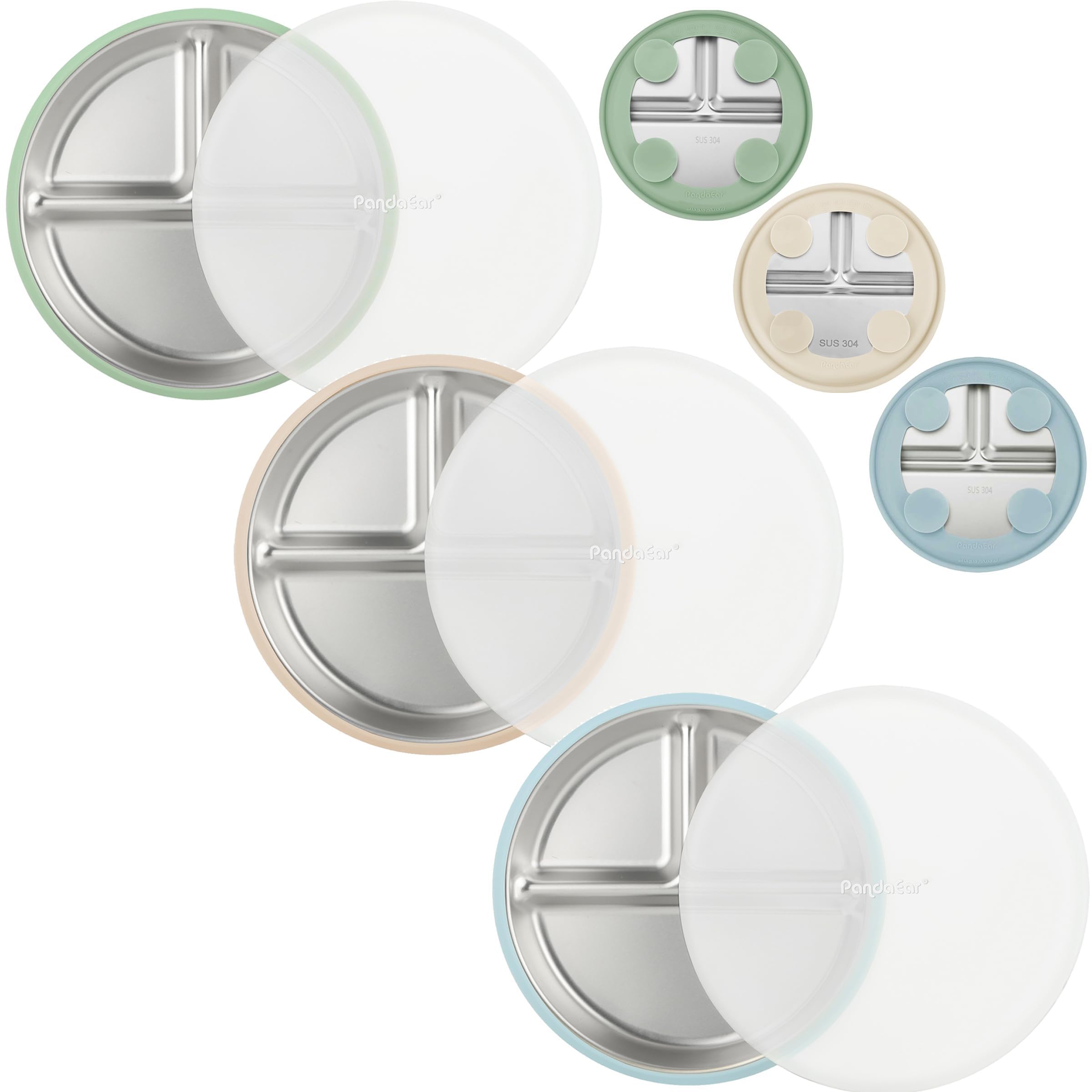 PandaEar 3er Set Edelstahl Baby Saugteller mit Deckel, Geteilter Kinderteller mit Saugnapf, Rutschfester Baby Teller für Beikost & Baby Led Weaning, Spülmaschinengeeignet, Blau Grün Braun