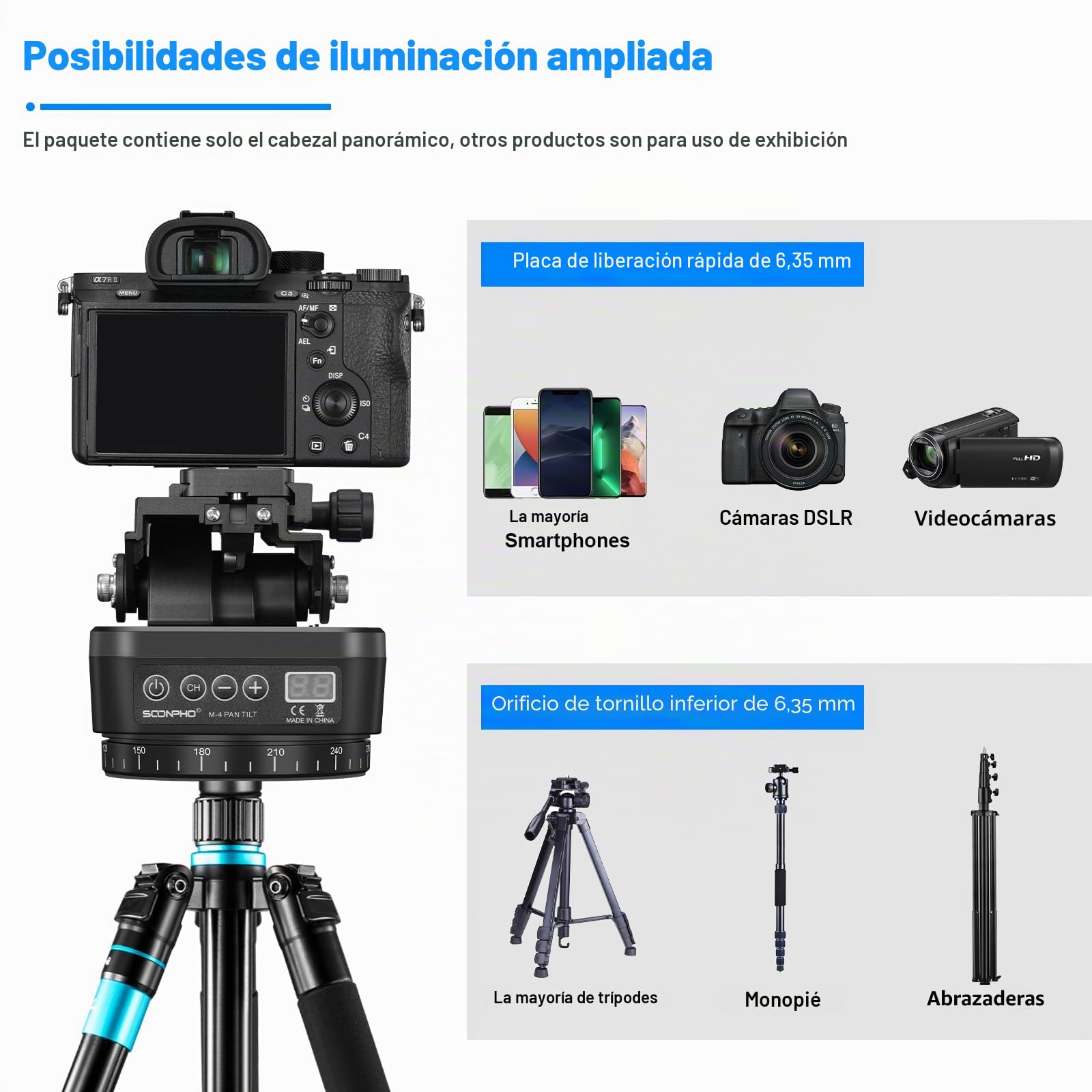 Soonpho M4 - Trípode de cámara panorámica con Mando a Distancia Pan Tilt, Cabeza motorizada de 360 Grados, eléctrico con Abrazadera del teléfono y Mando a Distancia para cámaras DSLR, Smartphone