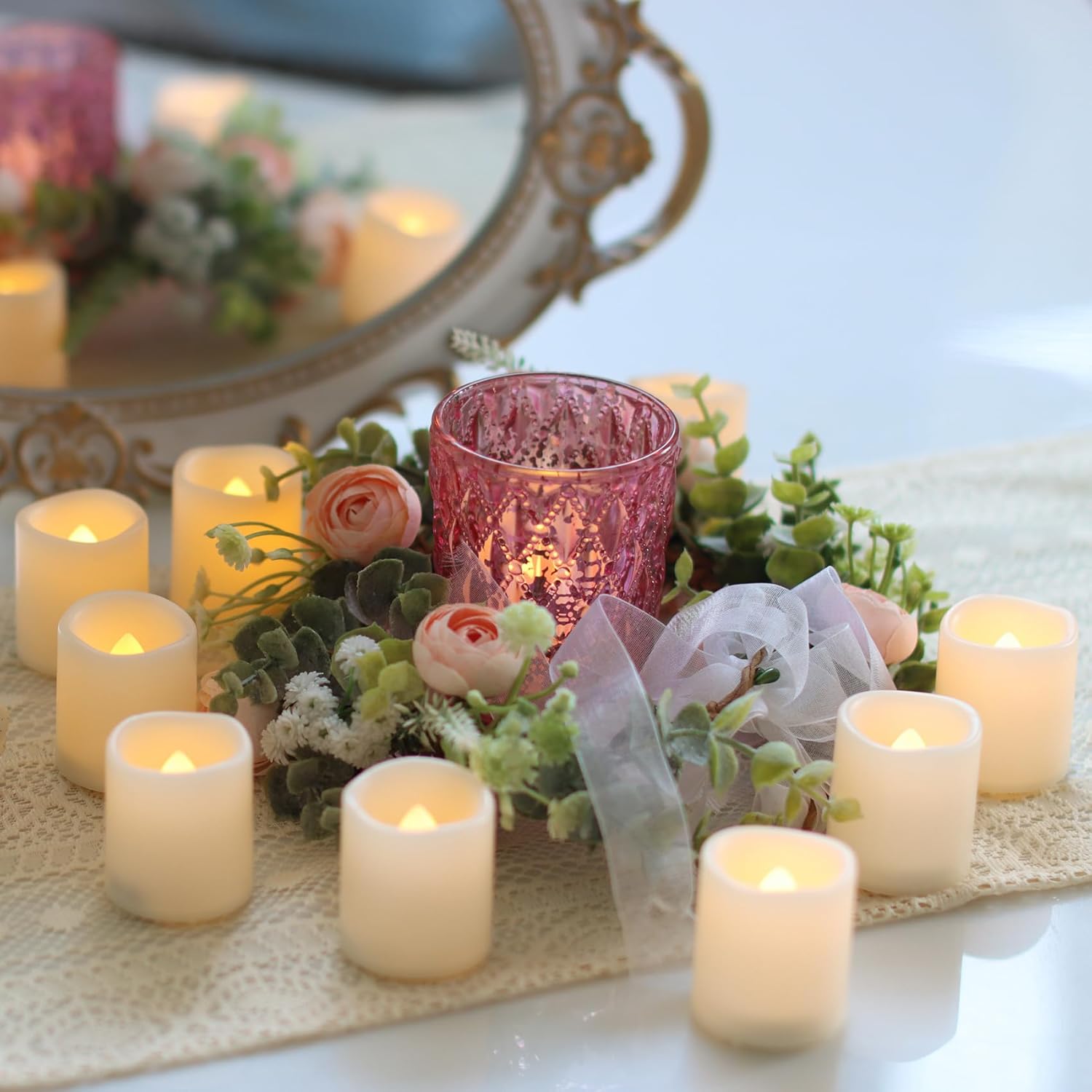 12 Pack Flameless Votive Candles Flickering Electric Fake Candles LED Battery Operated Tea Lights for Home Wedding Decor Party Table Halloween Christmas Decorations, Warm White Glow - Image 5