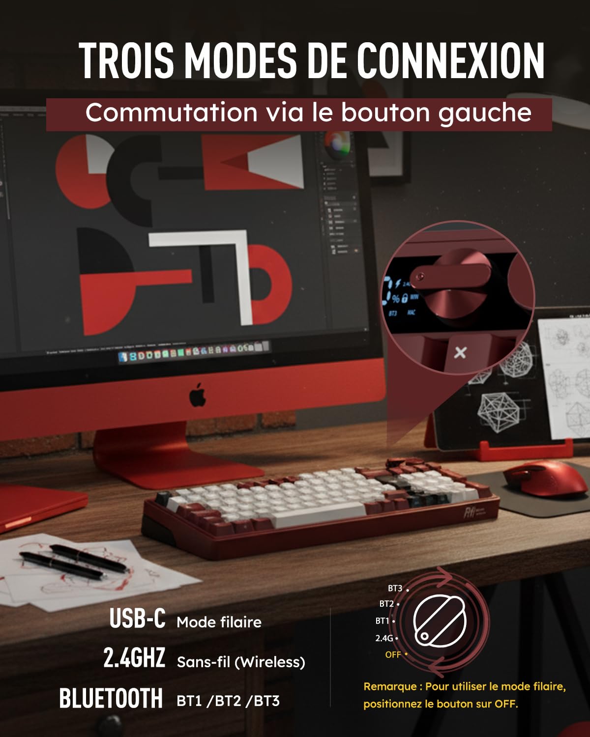 RK ROYAL KLUDGE M100 Clavier Gamer sans Fil AZERTY, Clavier Mécanique 96% avec Pavé Numérique, Écran et Boutons BT/2.4G/USB-C RGB 8000mAh Gasket Structure Touches PBT Hot-Swap Creamy Switches, Rouge