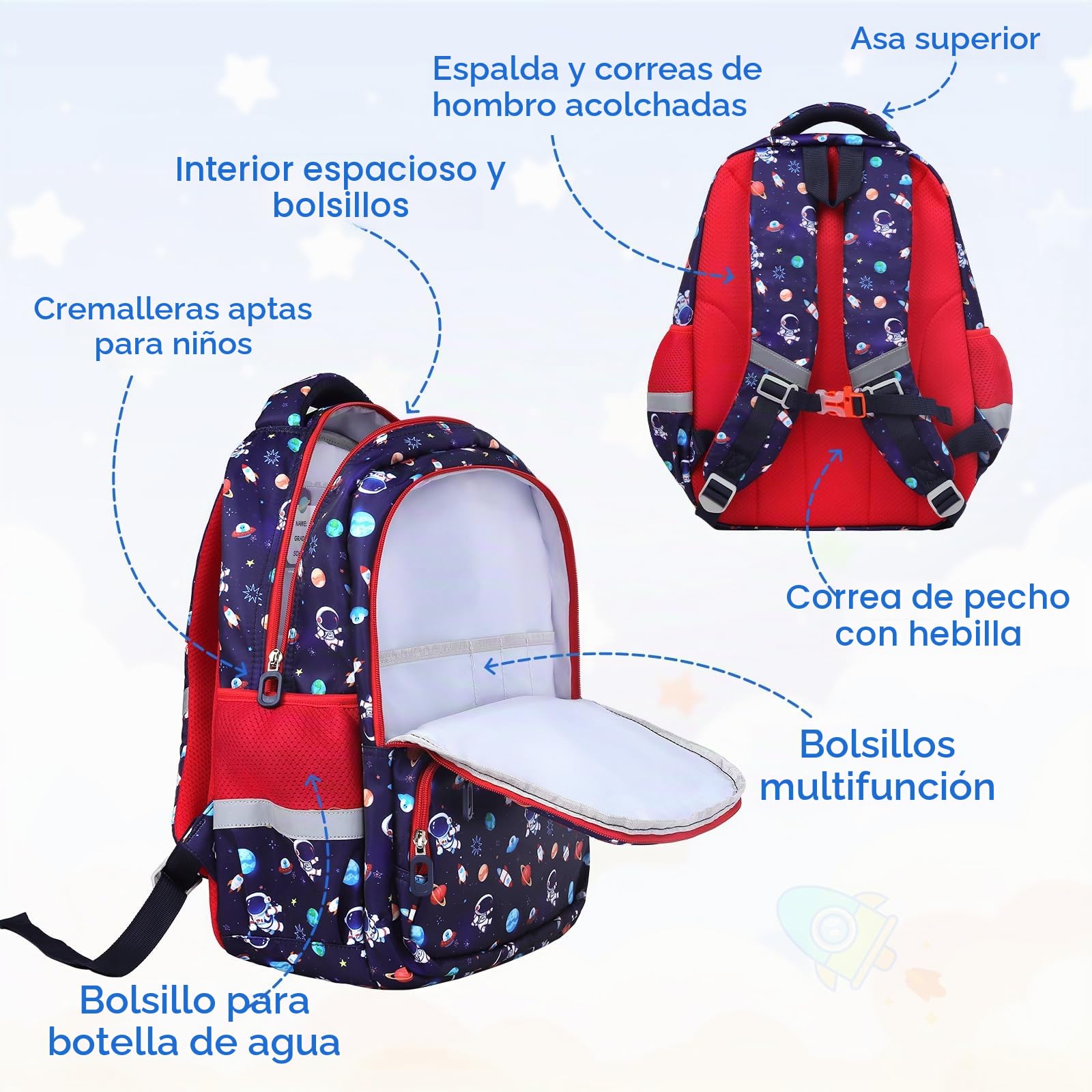 decalsweet Mochila Escolar Niño con Correa de Pecho, Mochila Infantil con Rayas Reflectantes, Gran Capacidad Mochila Niño, Mochila Escolar Adolescente para la Escuela y los Viajes (Astronautas)