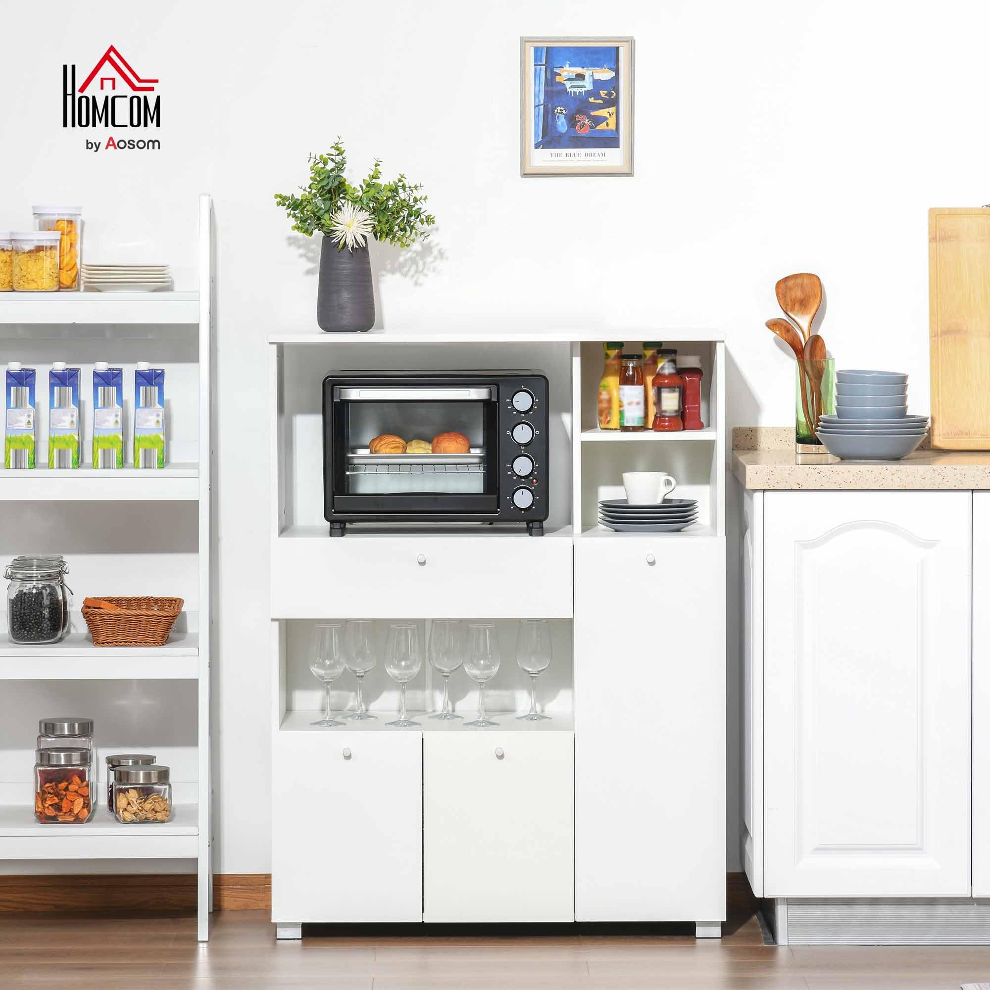 HOMCOM Mueble Auxiliar de Cocina Mueble para Microondas Aparador de Cocina con Cajón Estantes 3 Puertas 3 Compartimientos Diseño Anti-vuelco para Comedor 90x40x120 cm Blanco