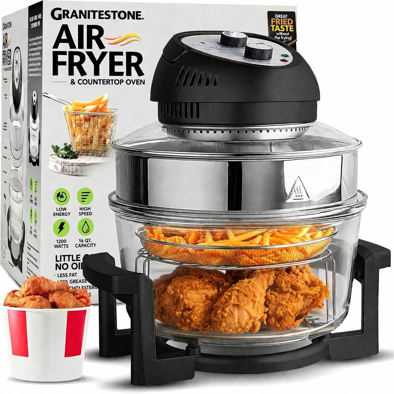 Granitestone 16Qt Extra Large Glass Air Fryer Non Toxic – Family Sized 4 in 1 Cooker with 3 Cooking Sections, Stainless Steel Racks for Fries, Chicken, No Preheat, Self Cleaning, Dishwasher Safe