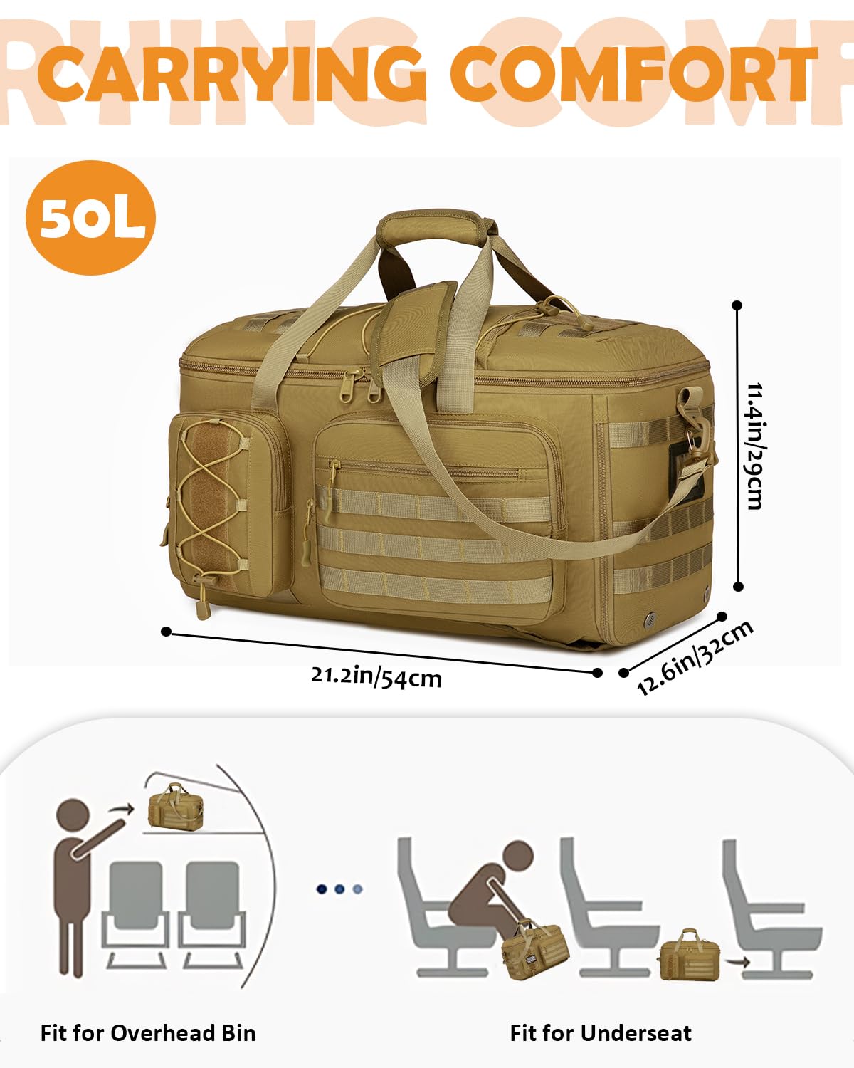 50L Turnbeutel für Herren, 3-in-1-Reisetasche mit Schuhfach, taktischer Militär-Rucksack für Übernachtung, Wochenender, Fitnessstudio, Reisen, Workout, Einsatz, Braun, 50L, Taktischer 3-in-1-Rucksack