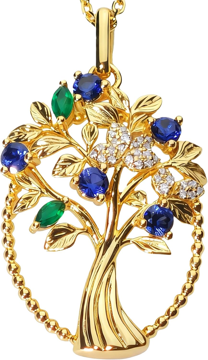 Tree of Life Necklace for Women, Family Tree of Life Pendant with Lab-Grown Sapphire, Green Agate & Moissanite, 18K Gold Plated S925 Sterling Silver, Birthday Anniversary Jewelry Gift for Mom Wife Daughter