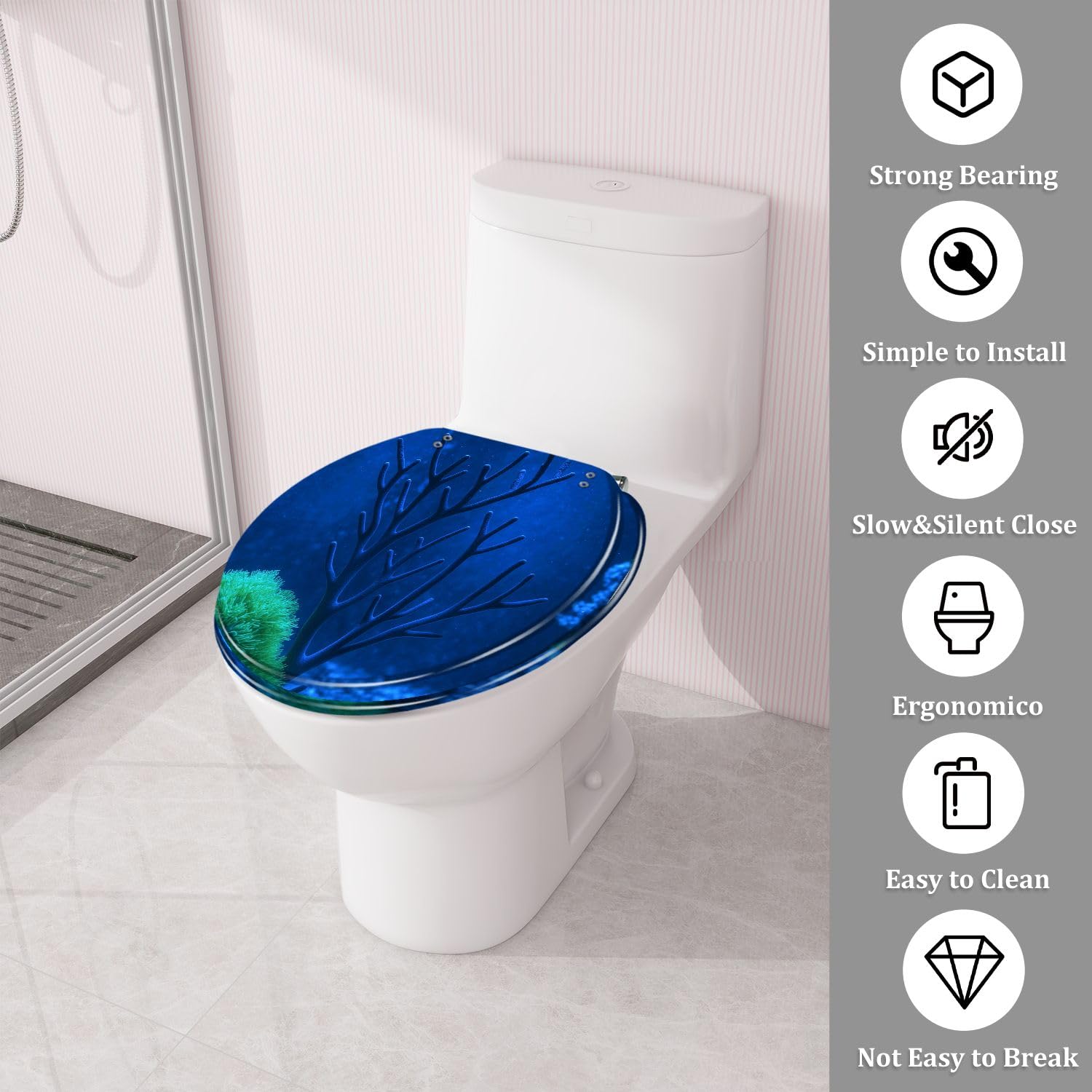 Dekorativer Runder Wc-Sitz, Blauer Marine-Aquarium-Behälter Aus Kunstharz mit Üppiger Bepflanzung, Leise Schließende Schnellverschluss-Scharniere, Abdeckungspuffer, Einfache Montage, Hygieni