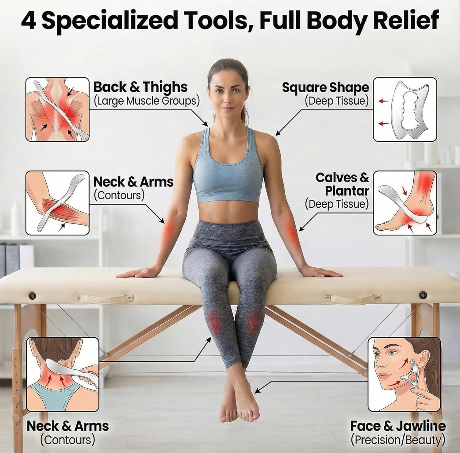 Stainless Steel Muscle Scraper Tool Set - 4Pcs Massage Scraper Tool Gua Sha for Myofascial Release, Fascia Release Tools for Deep Tissue Massage, Physical Therapy & Fascia Scrapingr (4Pcs) - Image 2