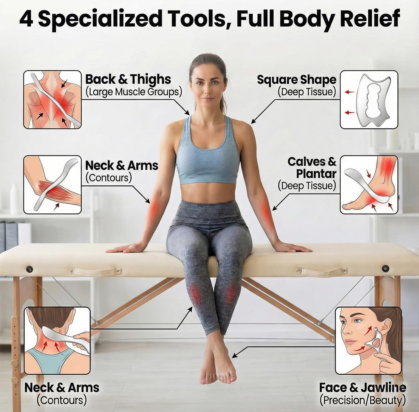 Stainless Steel Muscle Scraper Tool Set - 4Pcs Massage Scraper Tool Gua Sha for Myofascial Release, Fascia Release Tools for Deep Tissue Massage, Physical Therapy & Fascia Scrapingr (4Pcs)