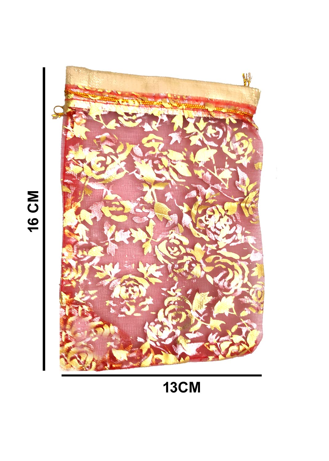 Bolsa de tela de red con cordón para embalaje de frutas secas, organza Shagun Potli, bolsas para devolver regalos, bolsas para joyas (paquete de 100, 16 cm x 13 cm, dorado)